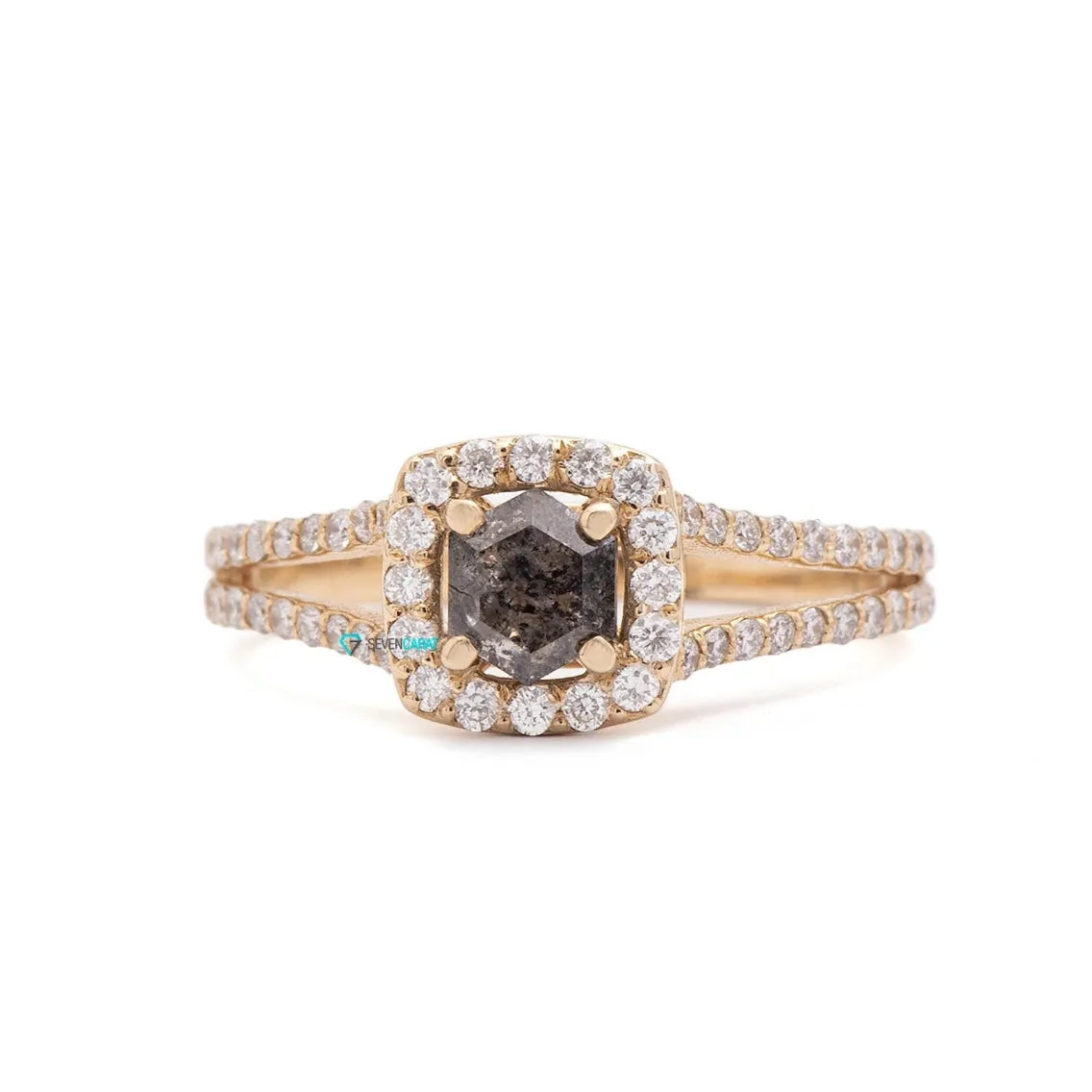 1 carat Halo Salt and Pepper hexagon diamond ring