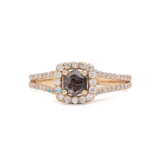 1 carat Halo Salt and Pepper hexagon diamond ring