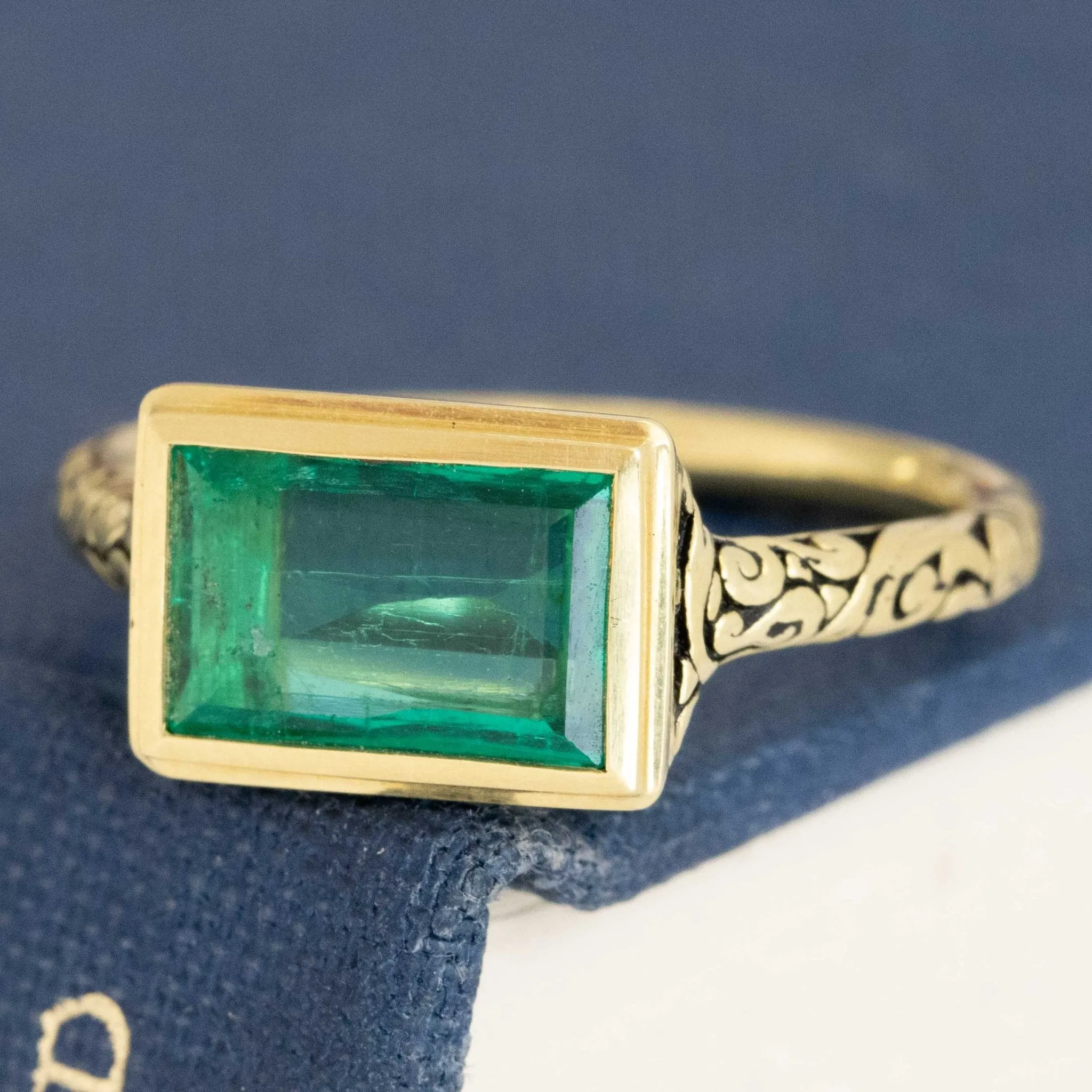 1.18ct Colombian Emerald Engraved Bezel Ring