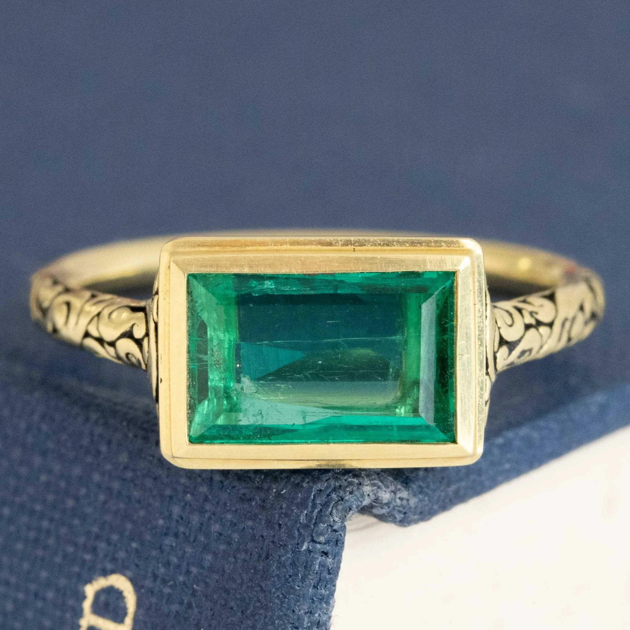 1.18ct Colombian Emerald Engraved Bezel Ring