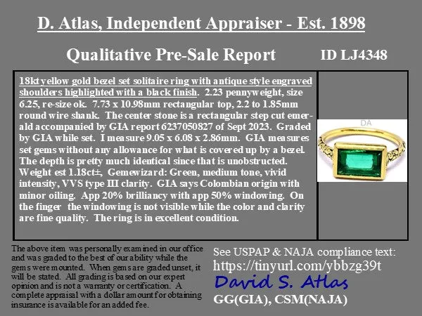 1.18ct Colombian Emerald Engraved Bezel Ring