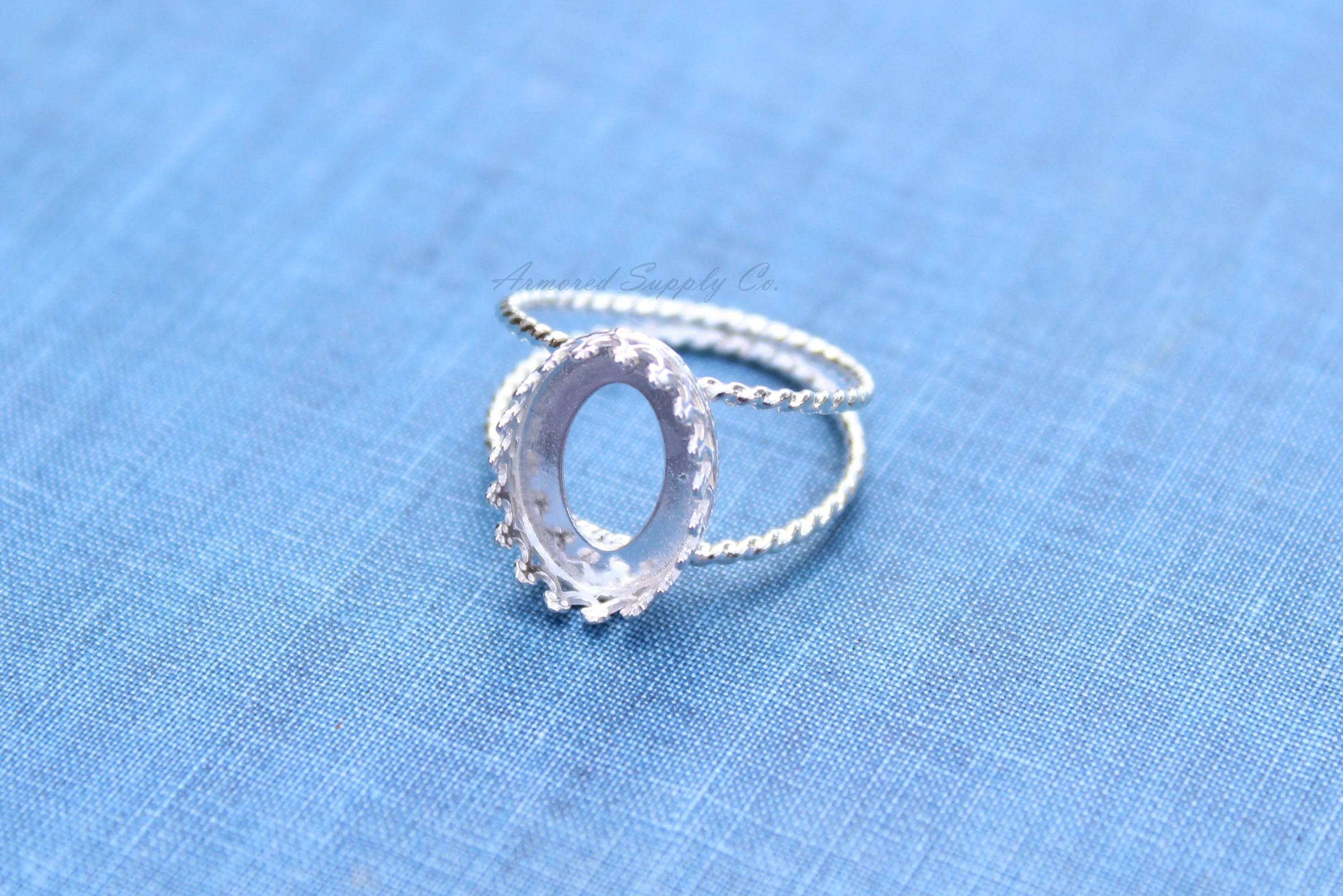 12x10mm Oval Crown Bezel Silver Double Rope Band Ring blank