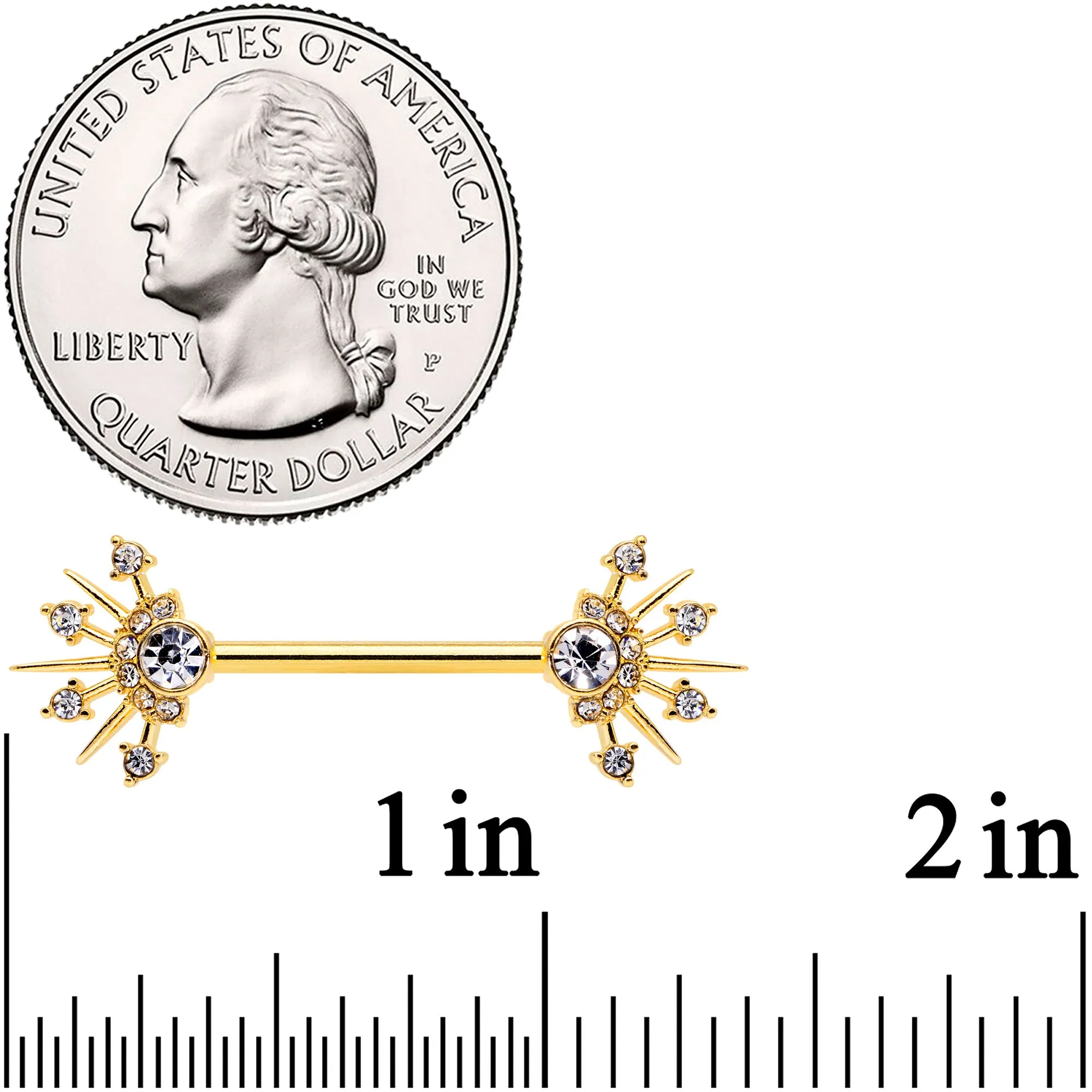 14 Gauge 5/8 Clear CZ Gem Gold Hue Elegant Crest Barbell Nipple Ring Set