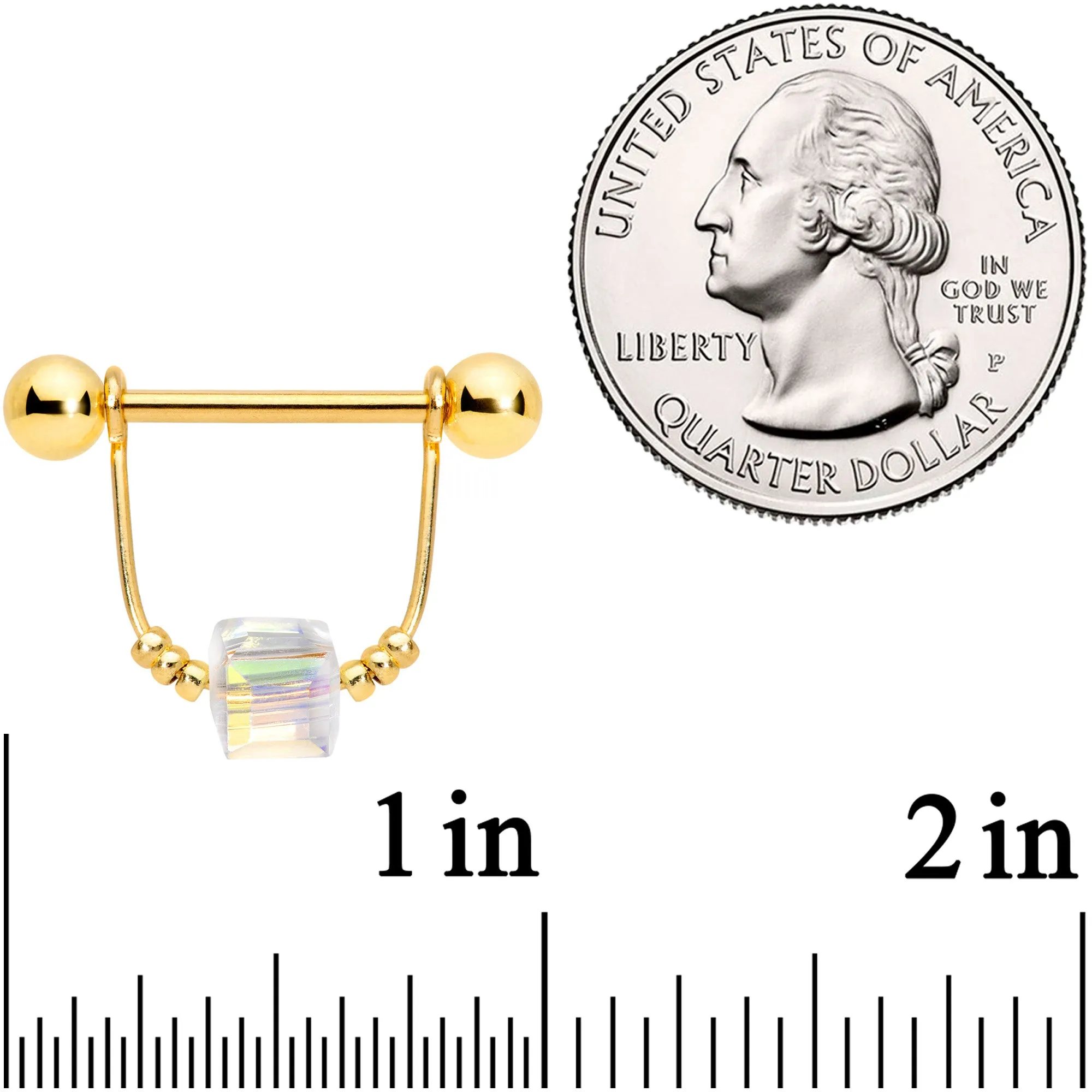 14 Gauge 5/8 Clear Gem Gold Tone Cube Dangle Nipple Ring Set