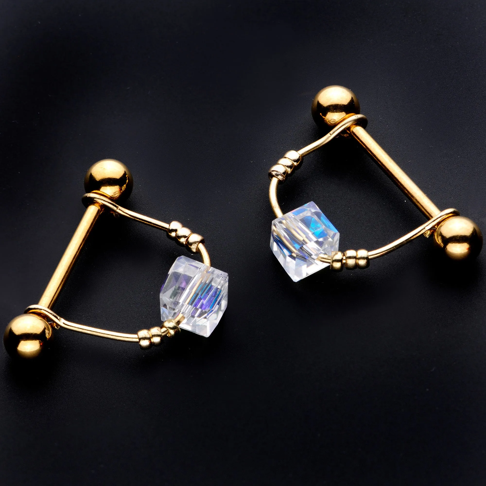 14 Gauge 5/8 Clear Gem Gold Tone Cube Dangle Nipple Ring Set