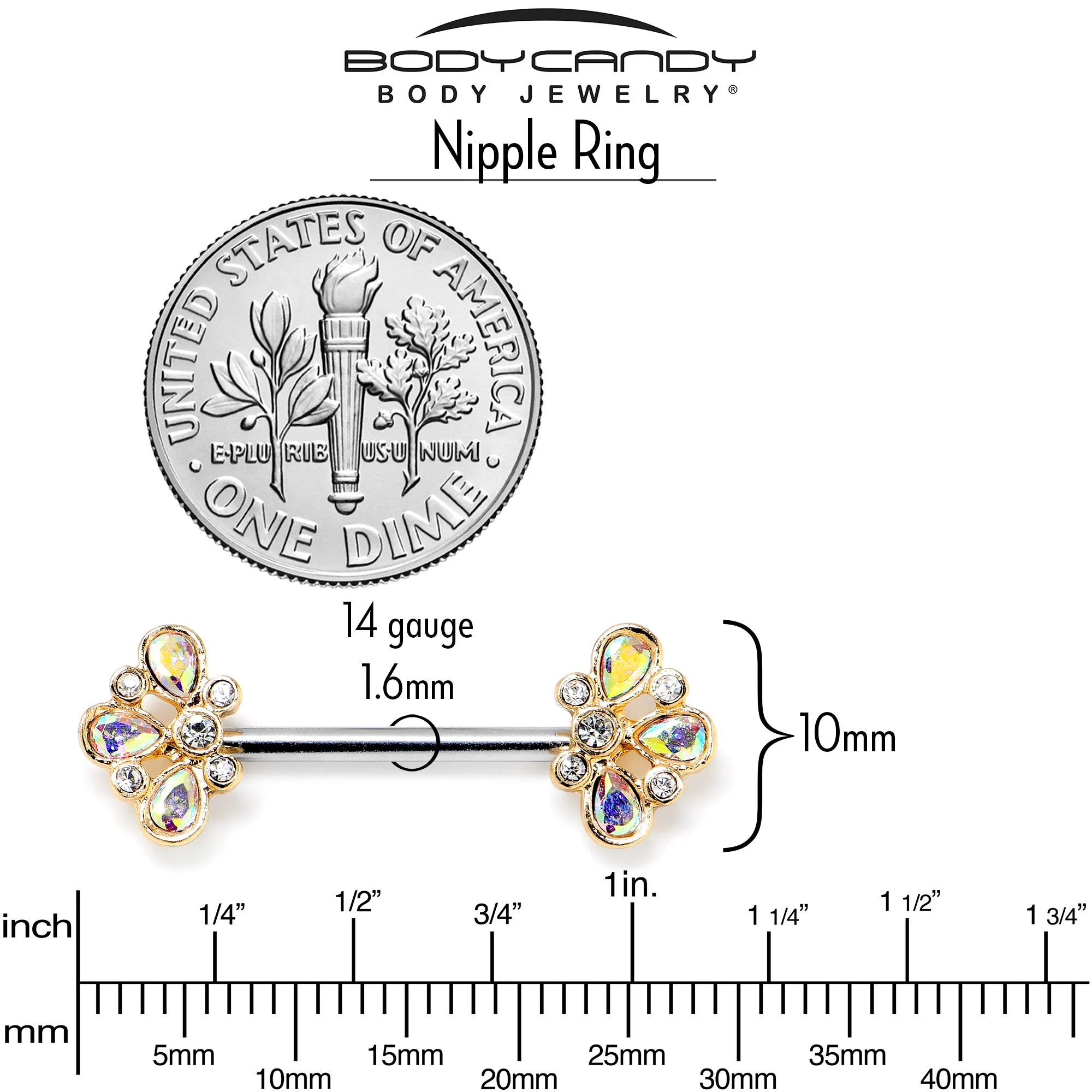 14 Gauge 9/16 Aurora Gem Golden Crown Deluxe Barbell Nipple Ring Set