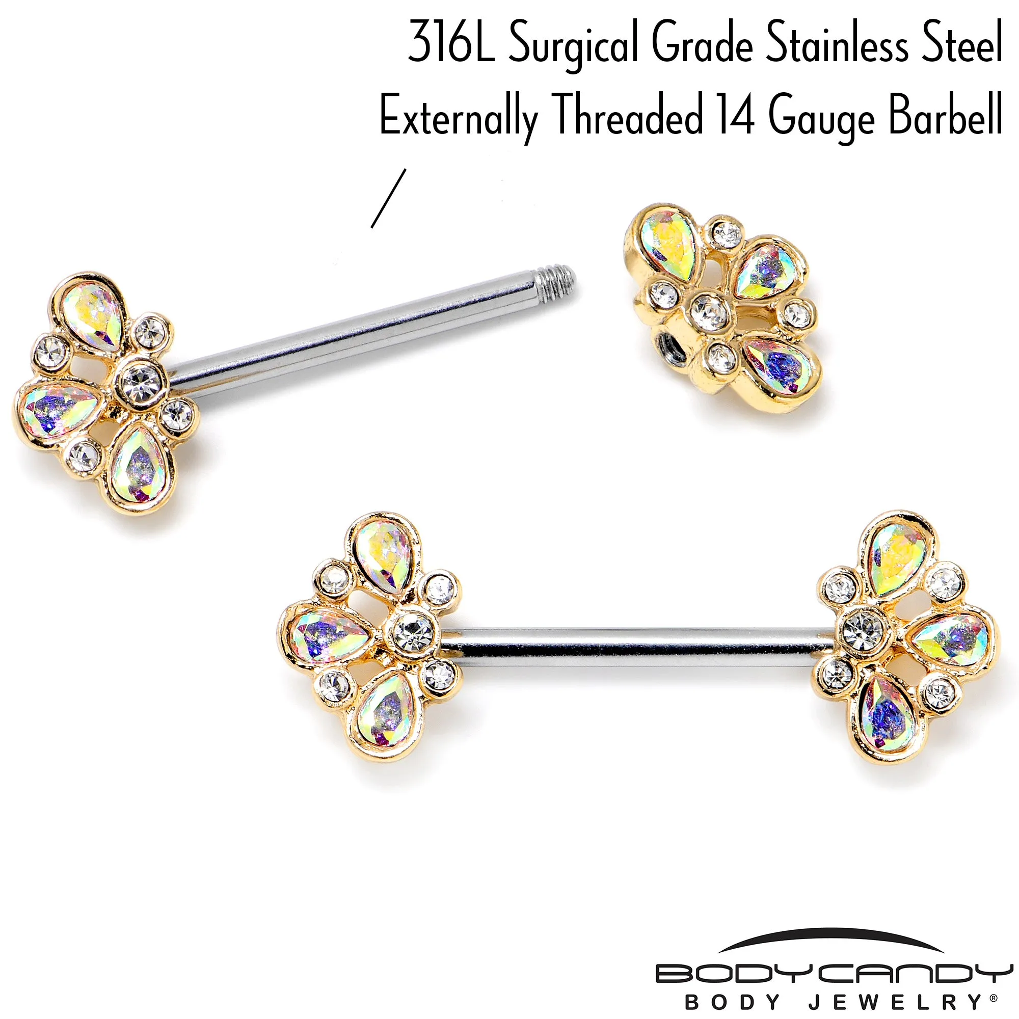 14 Gauge 9/16 Aurora Gem Golden Crown Deluxe Barbell Nipple Ring Set