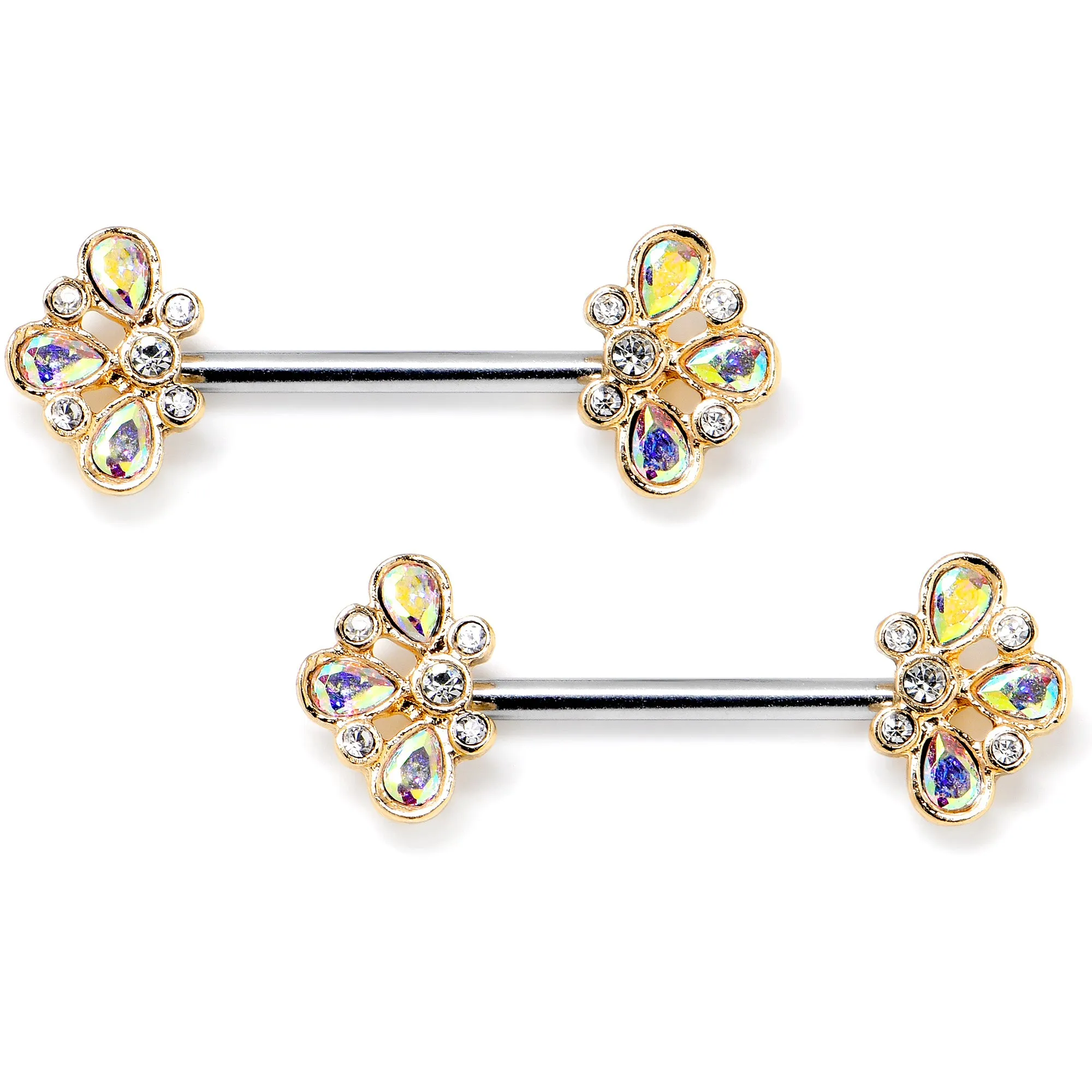 14 Gauge 9/16 Aurora Gem Golden Crown Deluxe Barbell Nipple Ring Set