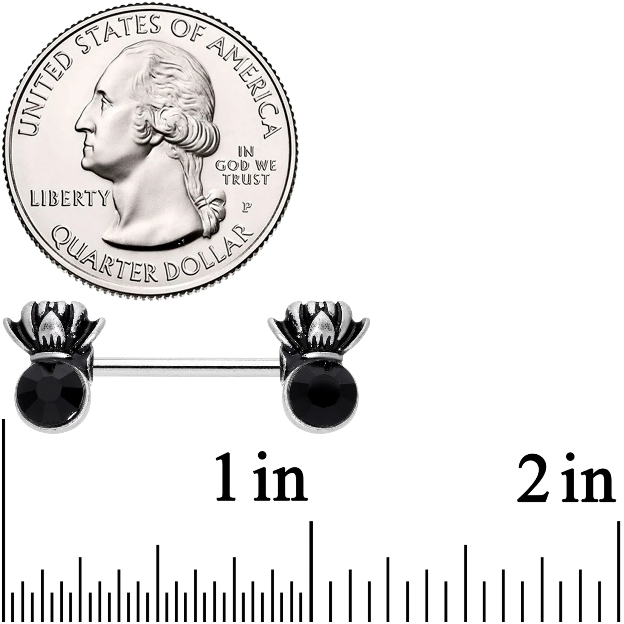 14 Gauge 9/16 Black CZ Gem Lotus Flower Crown Barbell Nipple Ring Set