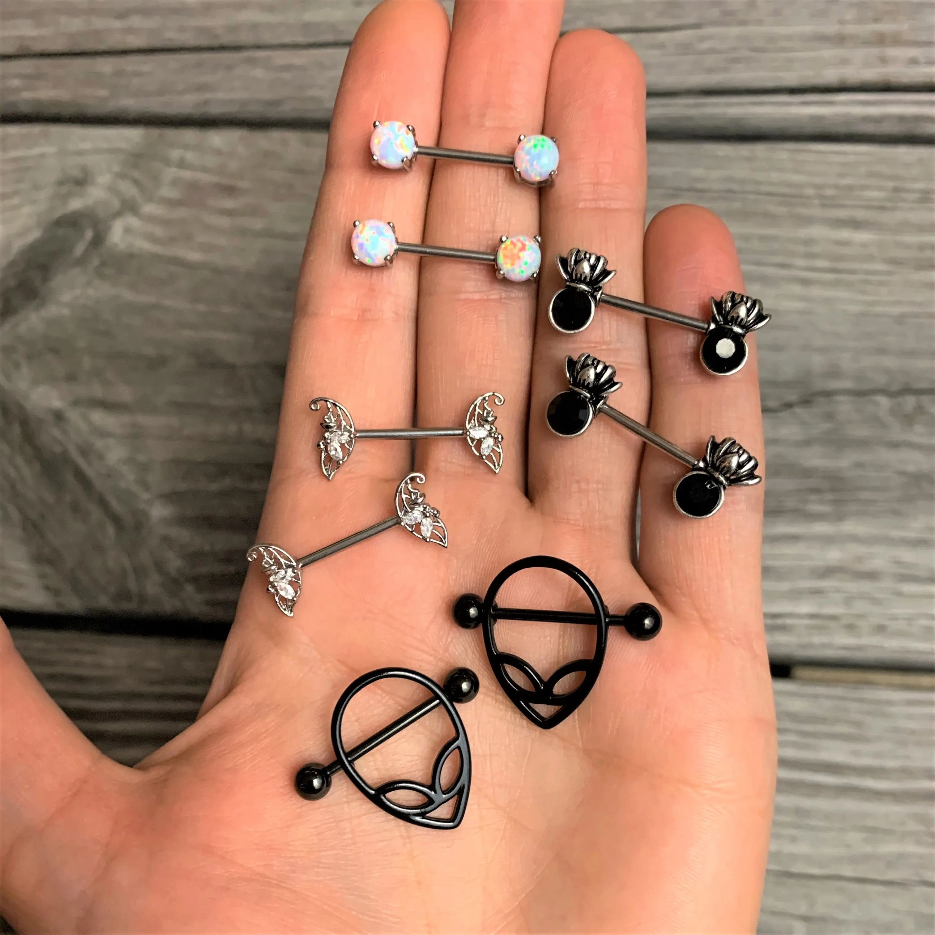14 Gauge 9/16 Black CZ Gem Lotus Flower Crown Barbell Nipple Ring Set