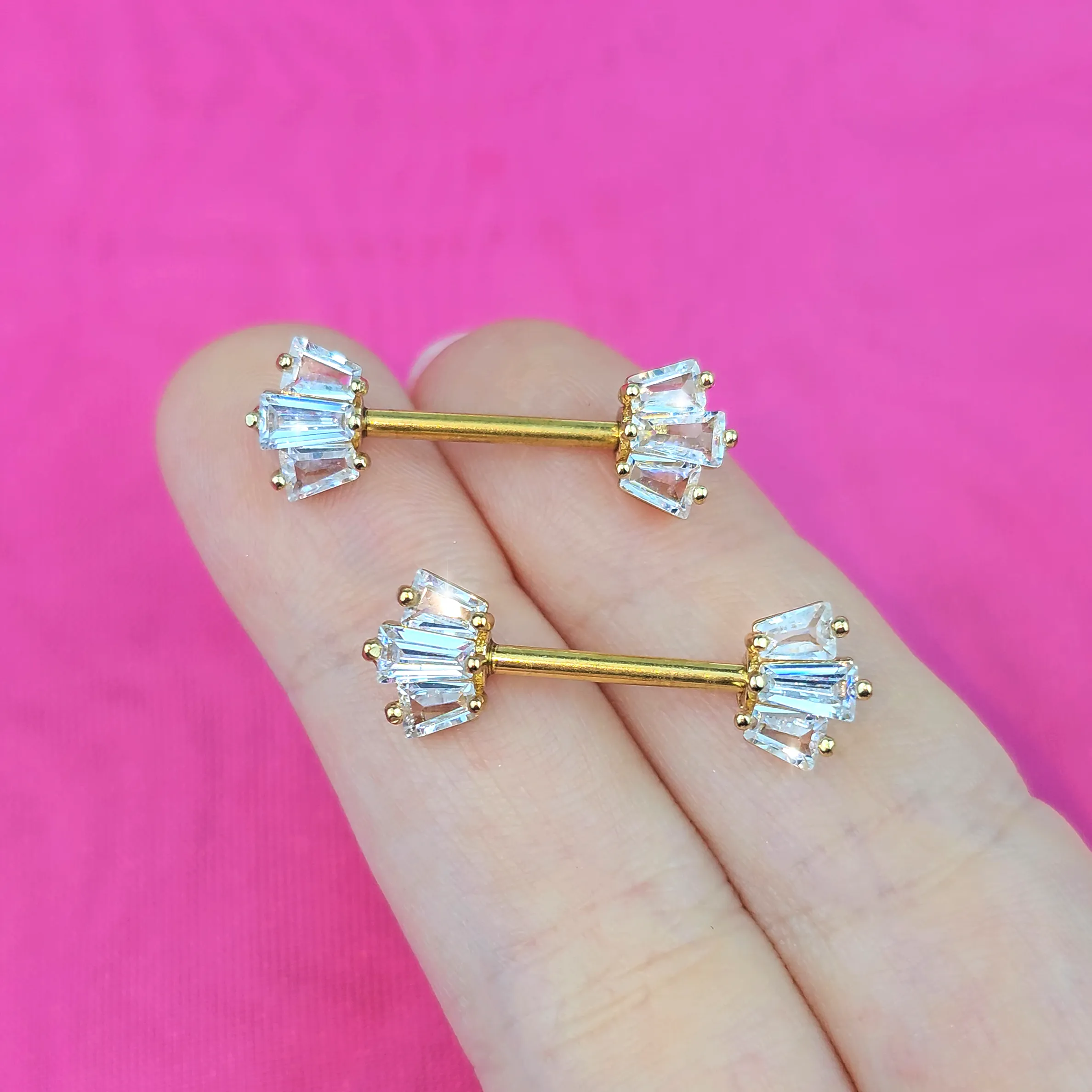 14 Gauge 9/16 Clear CZ Gem Gold Tone Regal Rectangles Nipple Ring Set