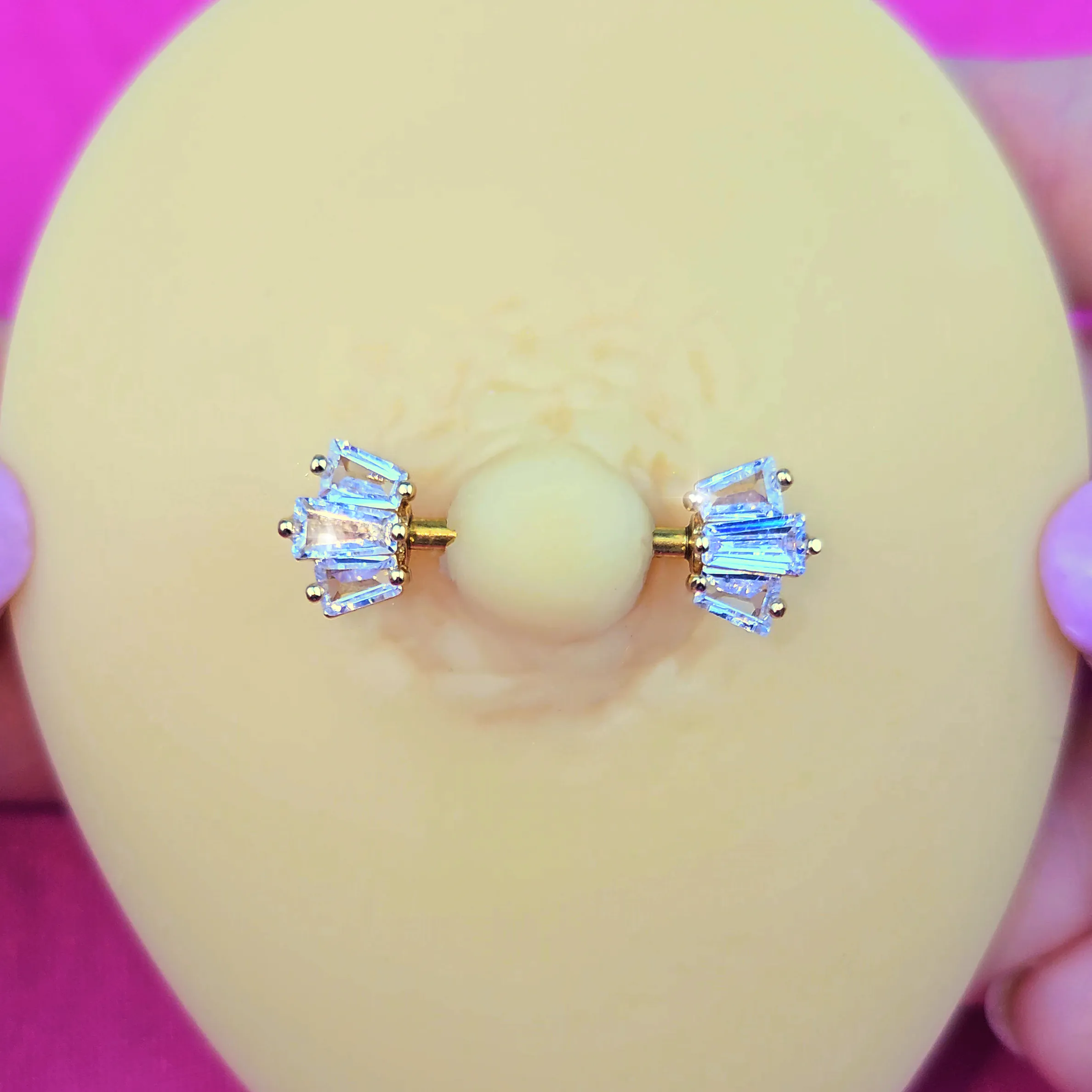 14 Gauge 9/16 Clear CZ Gem Gold Tone Regal Rectangles Nipple Ring Set