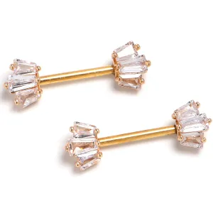 14 Gauge 9/16 Clear CZ Gem Gold Tone Regal Rectangles Nipple Ring Set