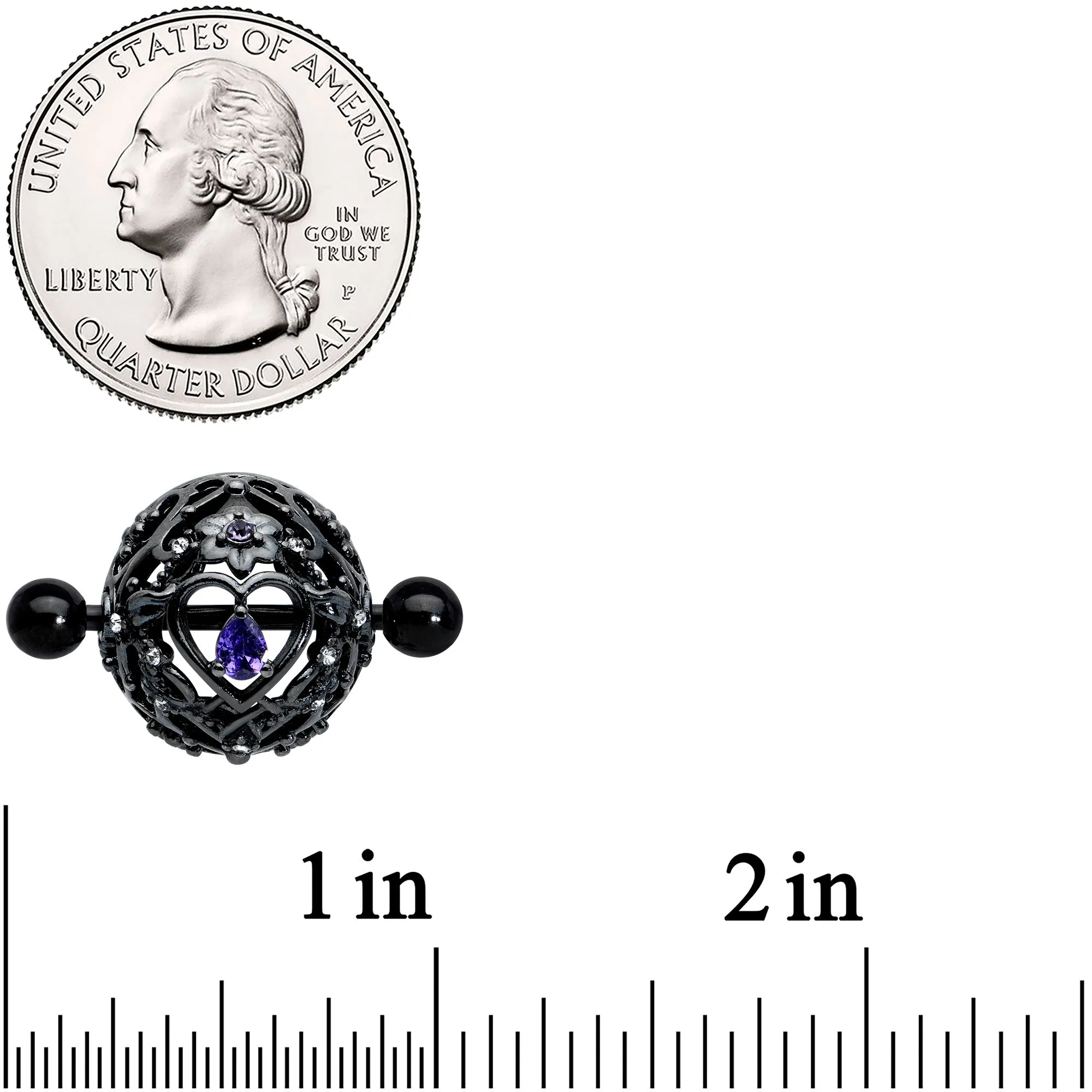 14 Gauge 9/16 Purple Gem Black Regal Crown Heart Nipple Shield Set