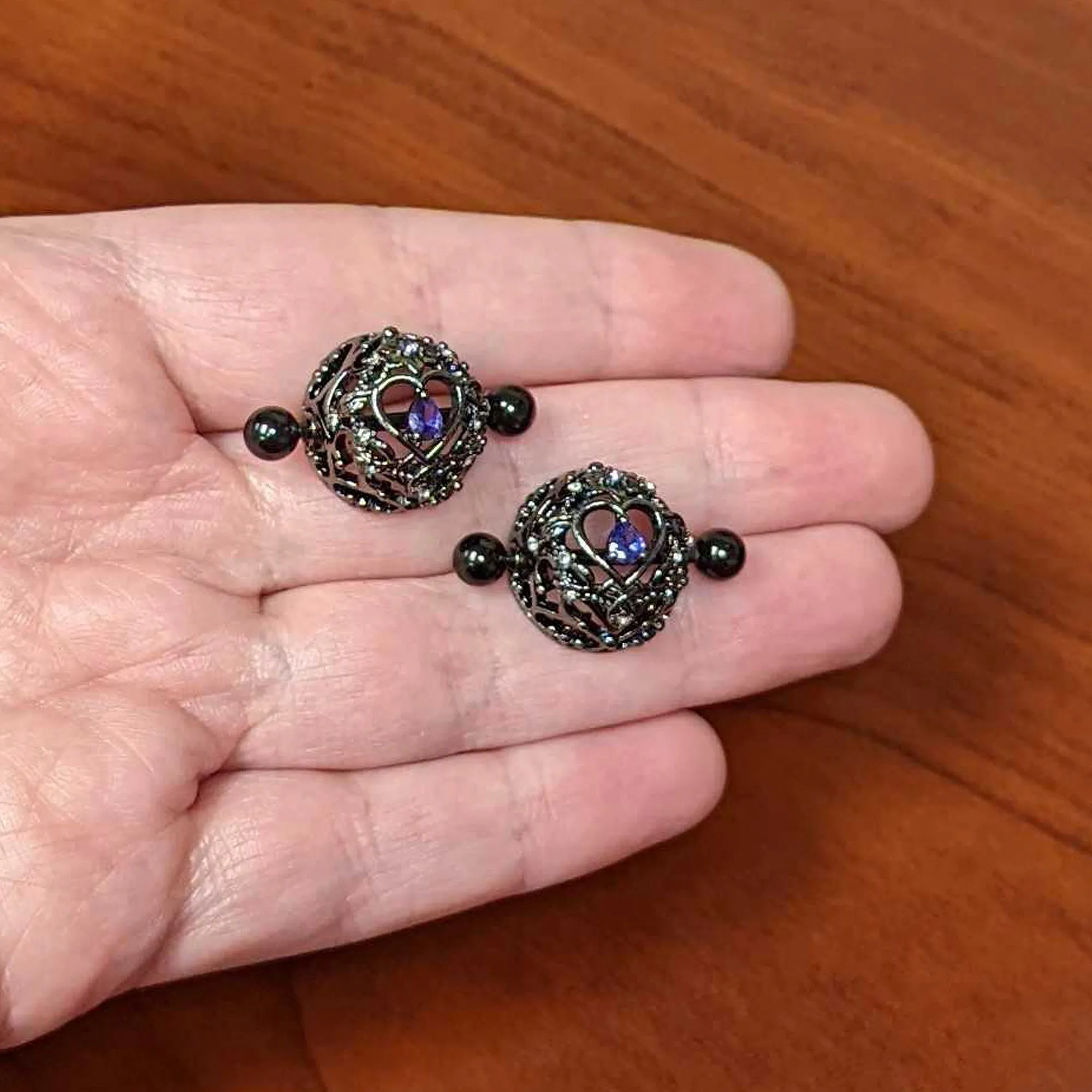 14 Gauge 9/16 Purple Gem Black Regal Crown Heart Nipple Shield Set