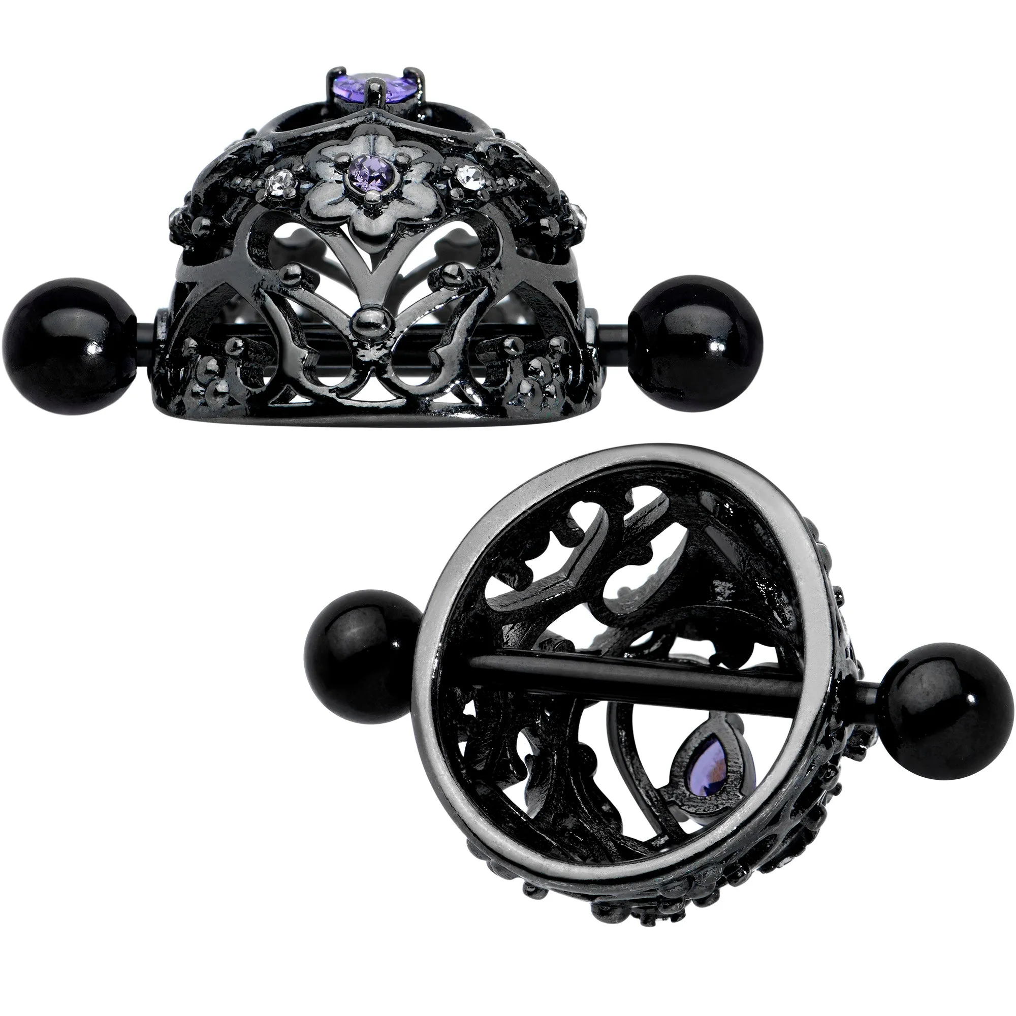 14 Gauge 9/16 Purple Gem Black Regal Crown Heart Nipple Shield Set