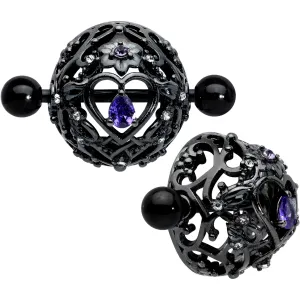 14 Gauge 9/16 Purple Gem Black Regal Crown Heart Nipple Shield Set
