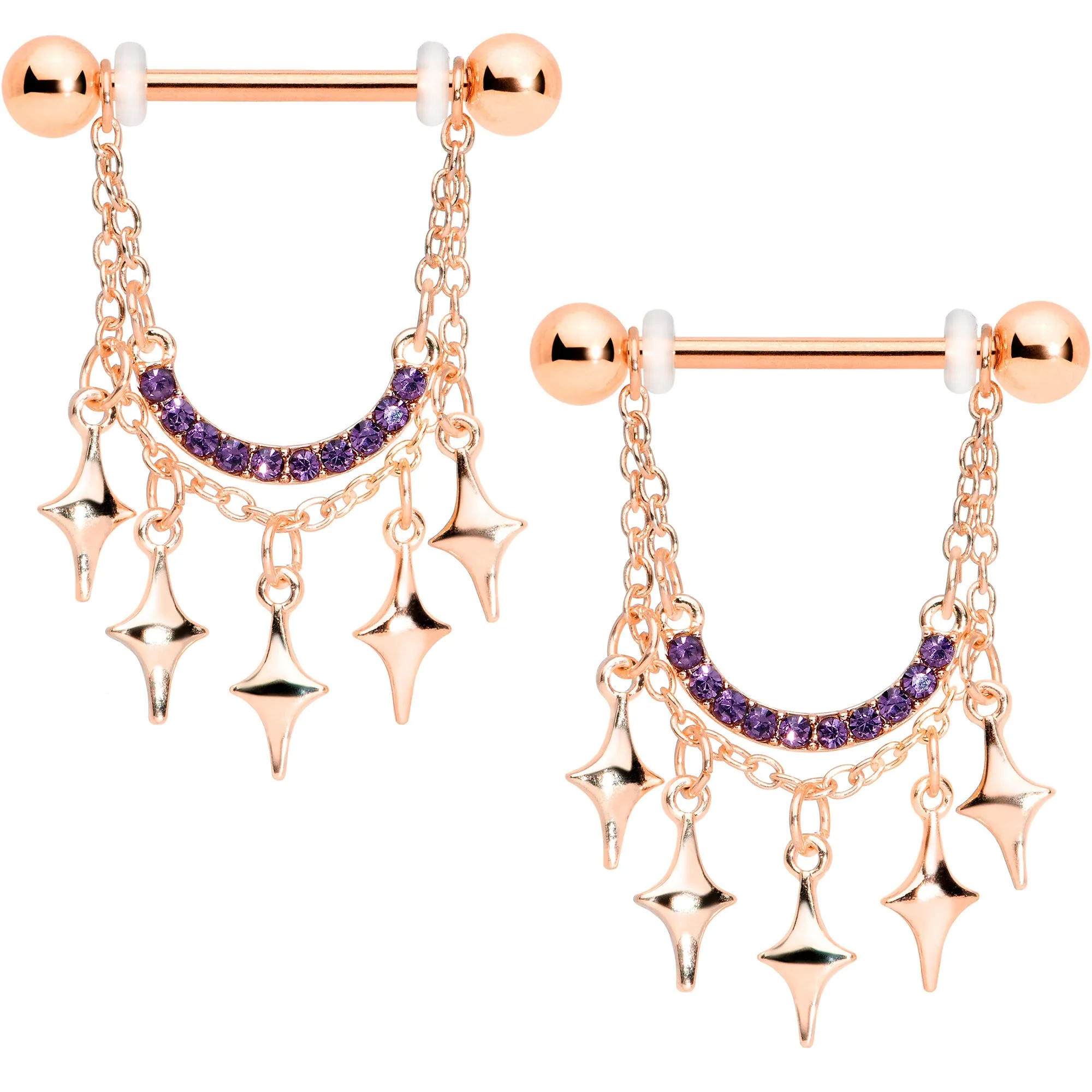 14 Gauge 9/16 Purple Gem Rose Gold Tone Drama Dangle Nipple Ring Set