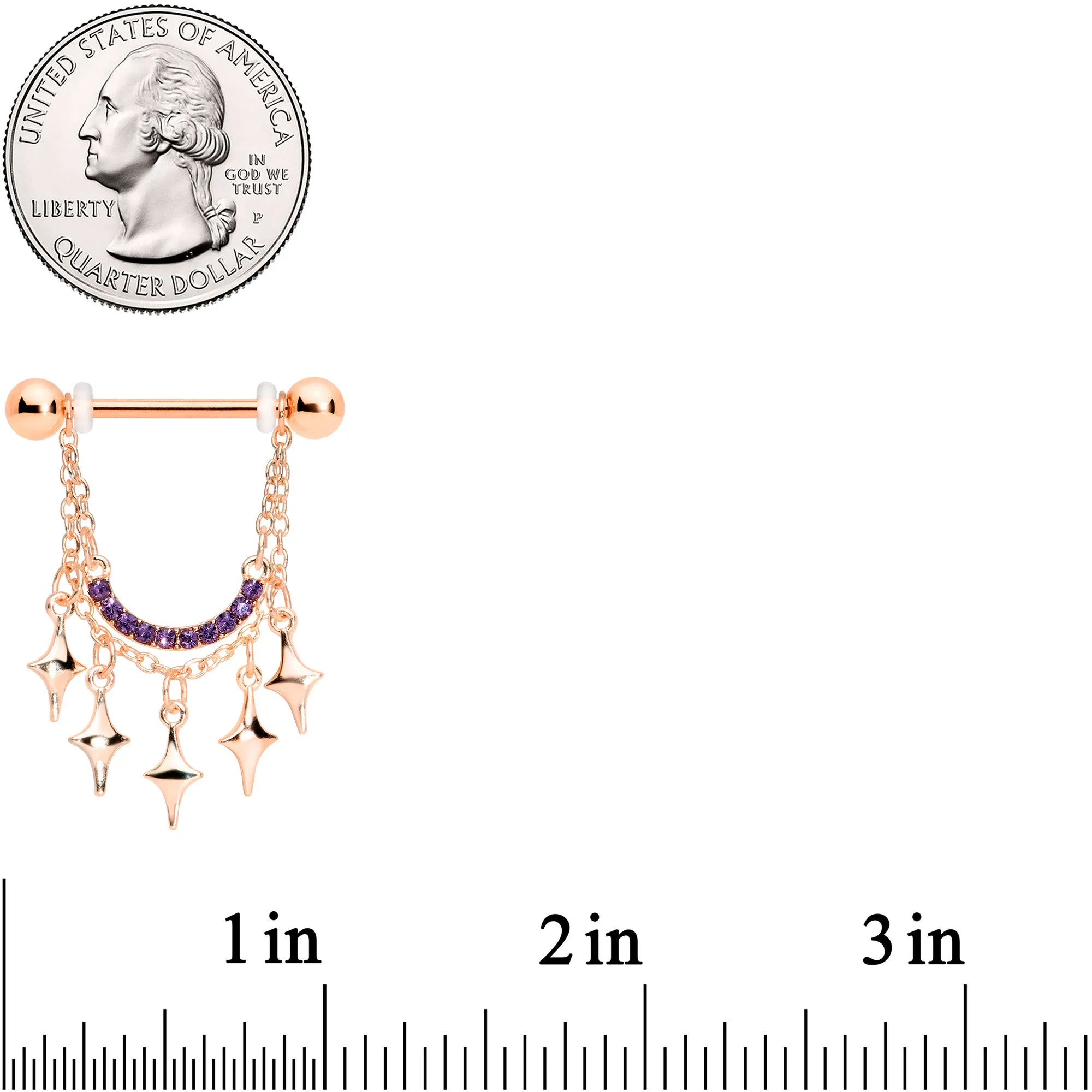 14 Gauge 9/16 Purple Gem Rose Gold Tone Drama Dangle Nipple Ring Set