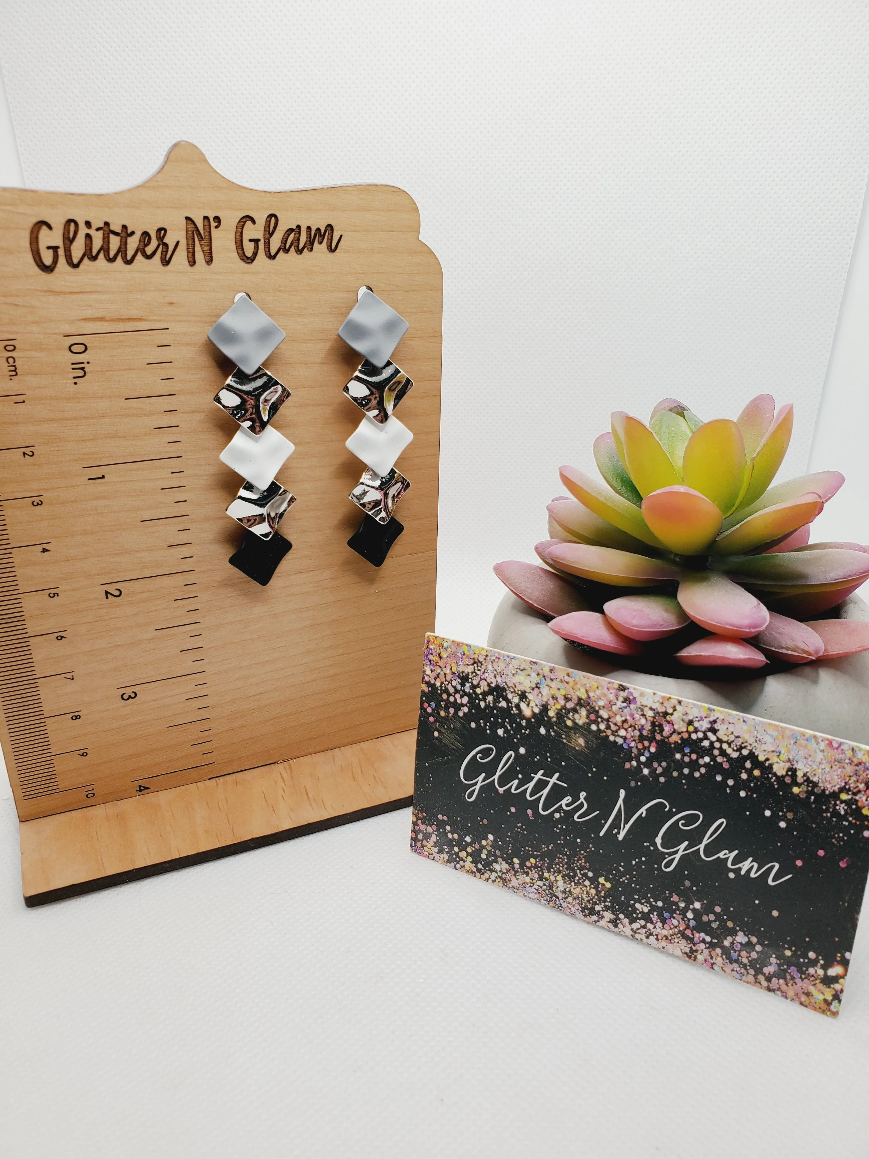 1421 Five Layered Gray, Silver, White Triangle Dangle Earrings
