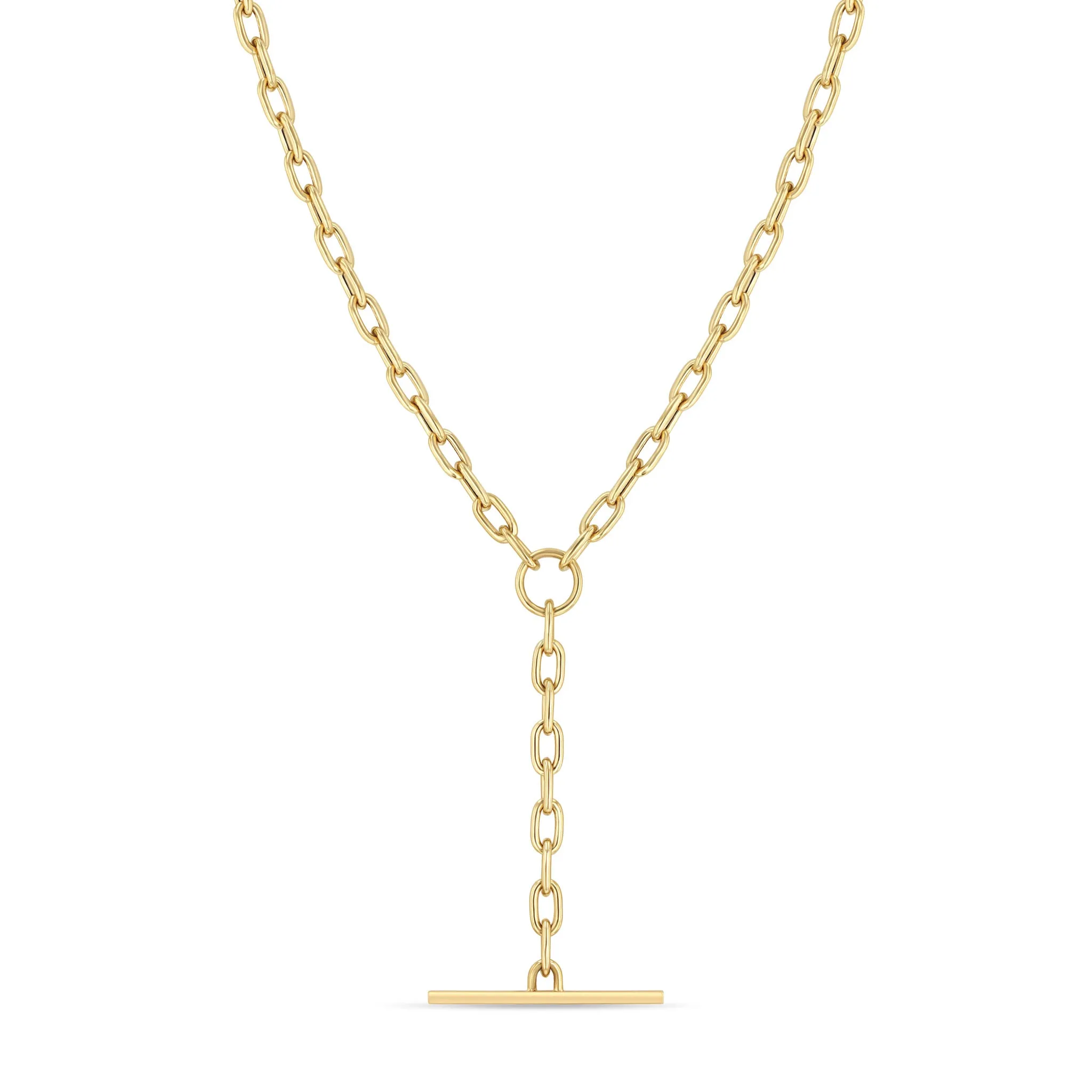 14k Gold Medium Square Oval Link Faux Toggle Lariat Necklace