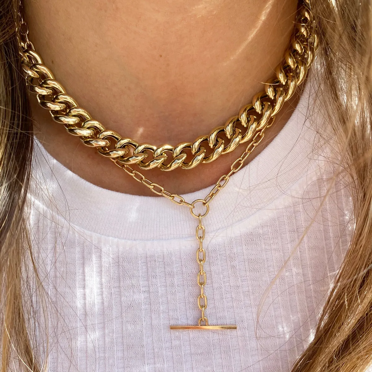 14k Gold Medium Square Oval Link Faux Toggle Lariat Necklace