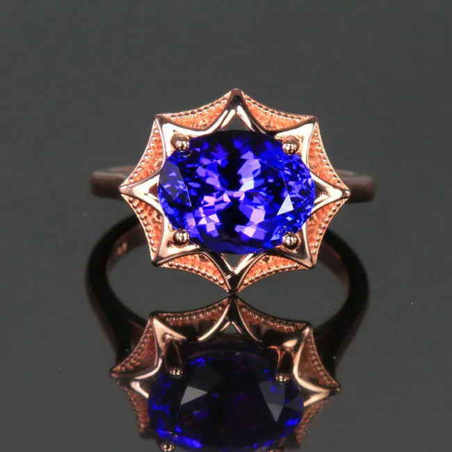 14K Rose Gold Blue Violet Exceptional Oval Tanzanite Ring 4.49 Carats
