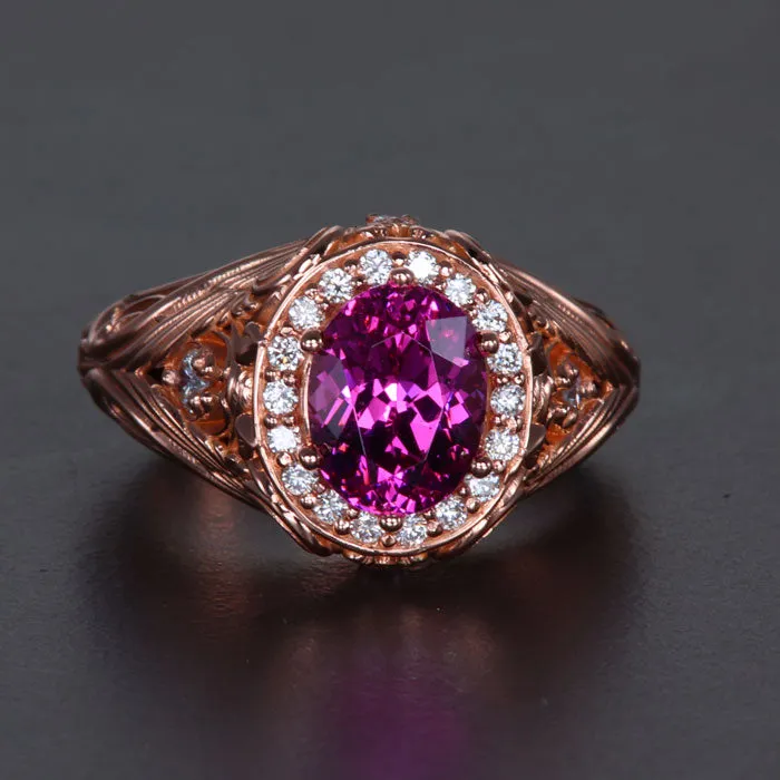 14K rose Gold Oval Mahenge Pink Garnet and Diamond Ring 2.74 Carats