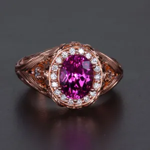 14K rose Gold Oval Mahenge Pink Garnet and Diamond Ring 2.74 Carats