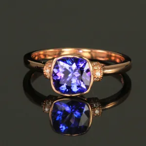 14K Rose Gold Square Cushion Tanzanite and Diamond Ring
