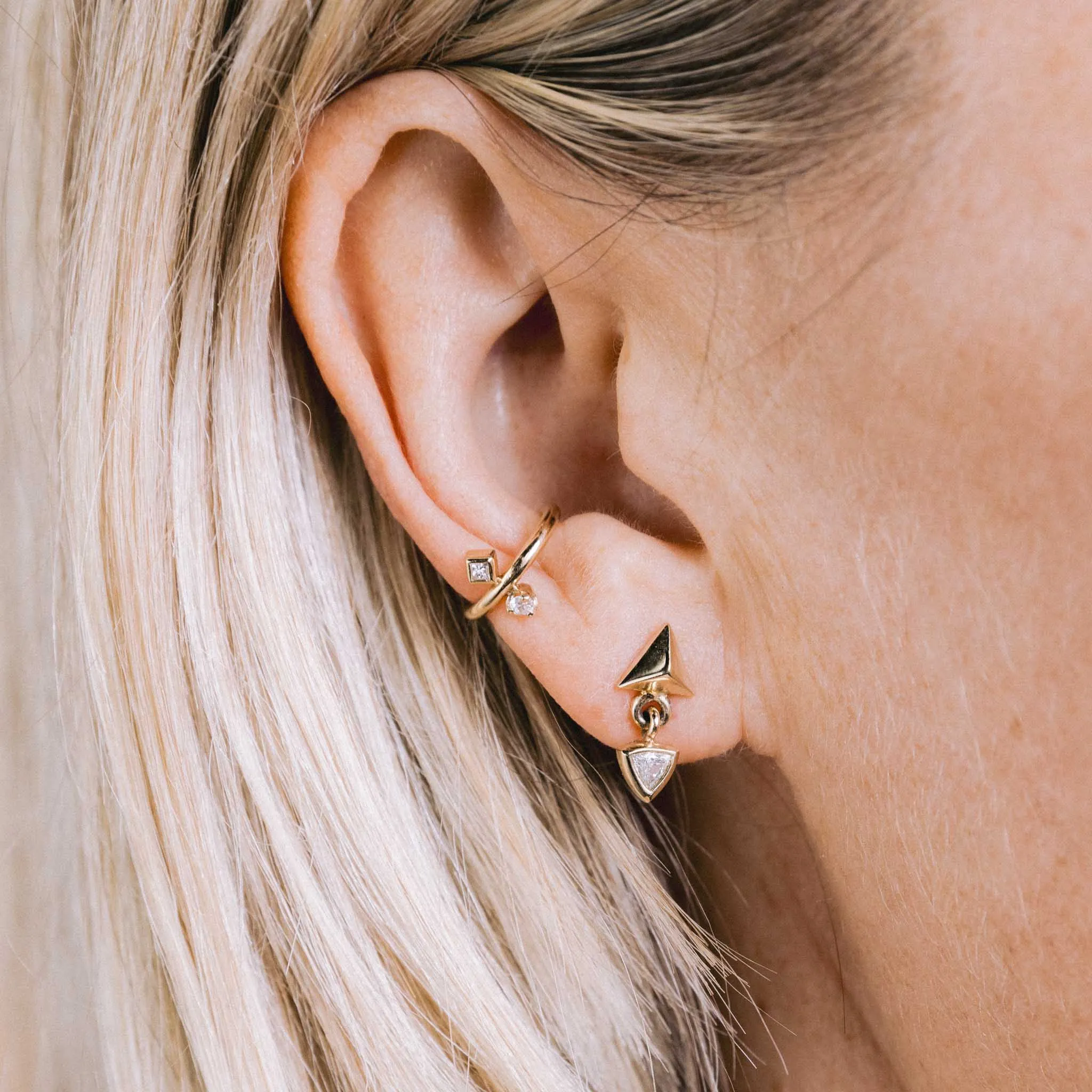 14k Triangle Pyramid & Trillion Diamond Bezel Drop Earrings