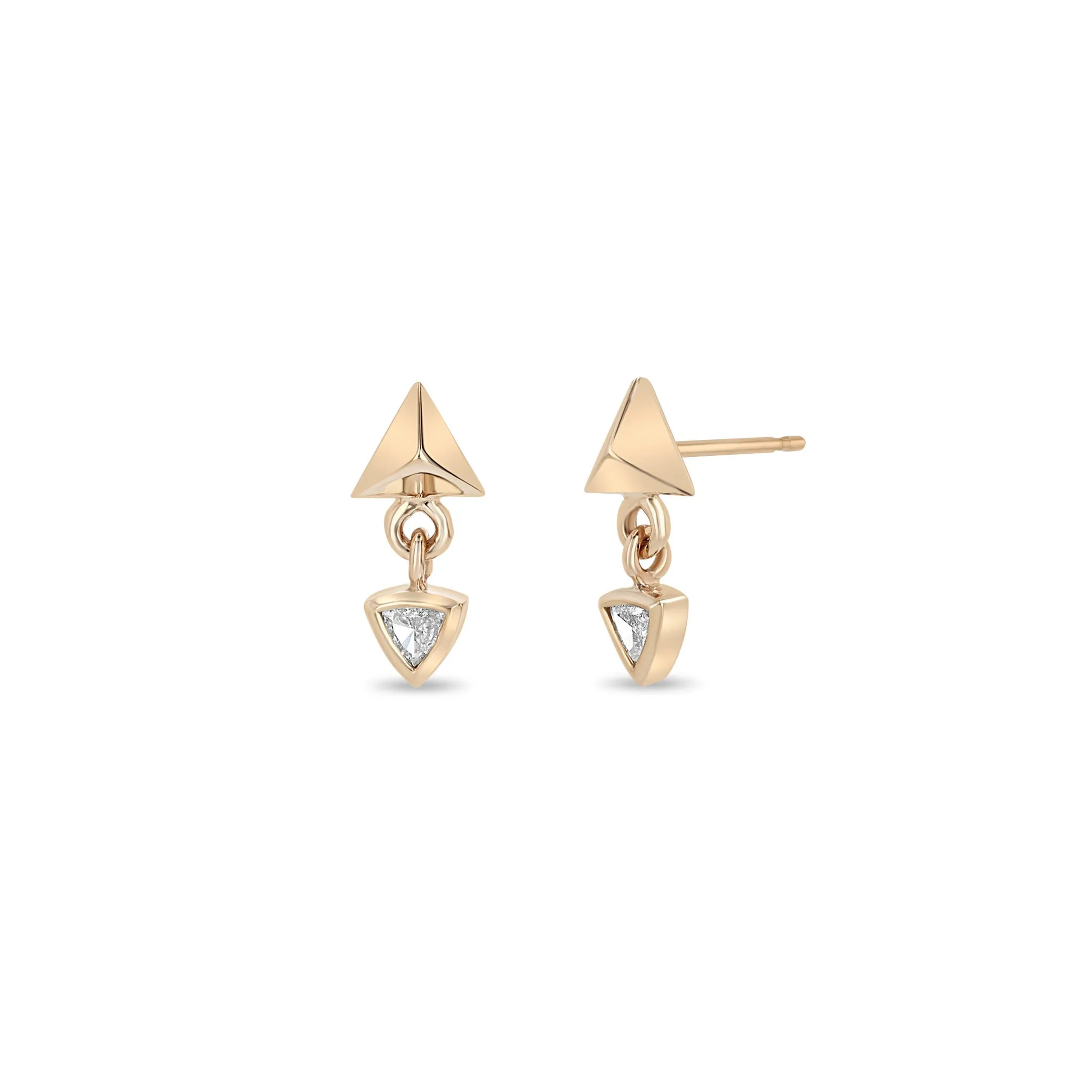 14k Triangle Pyramid & Trillion Diamond Bezel Drop Earrings