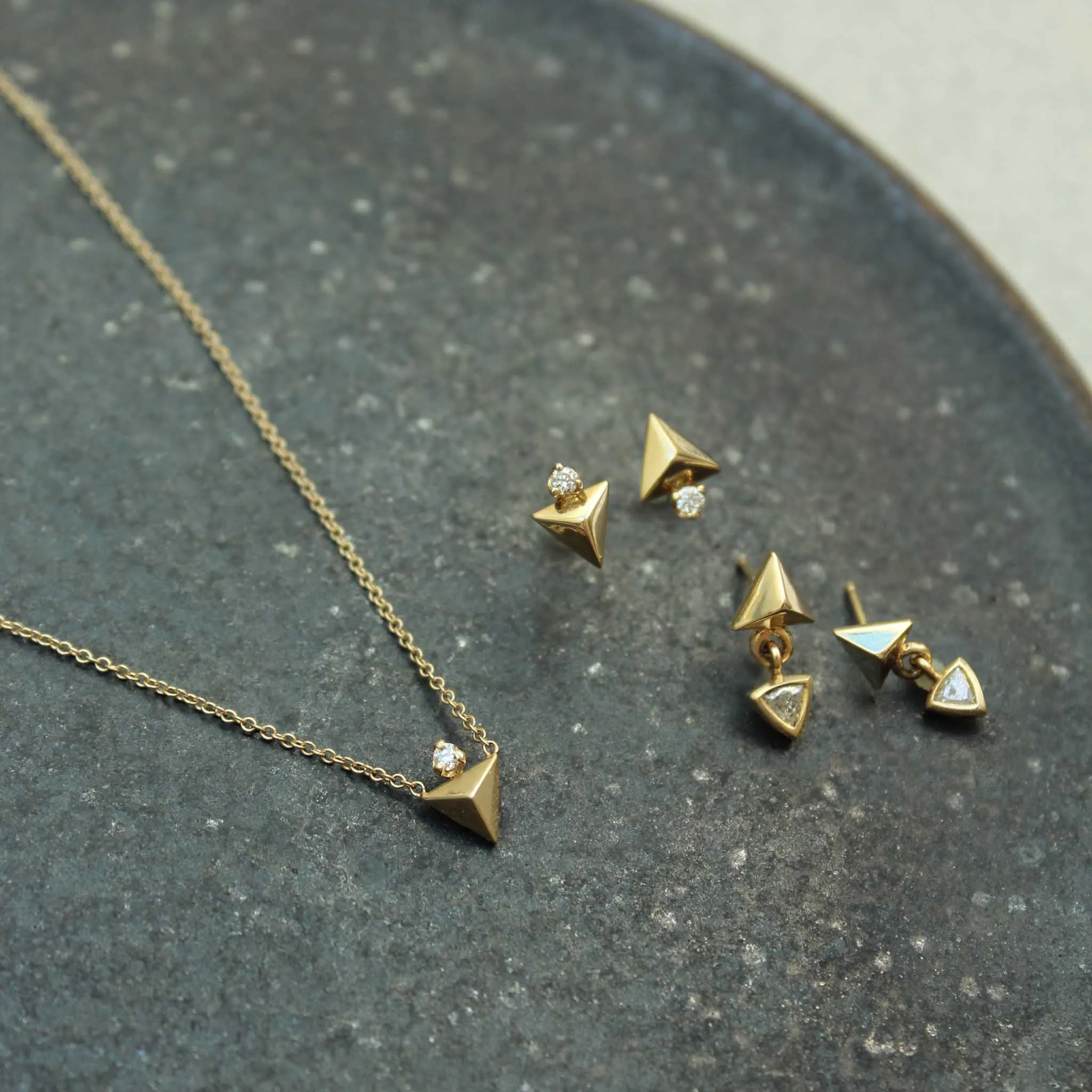 14k Triangle Pyramid & Trillion Diamond Bezel Drop Earrings