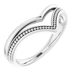 14K White Beaded V Ring