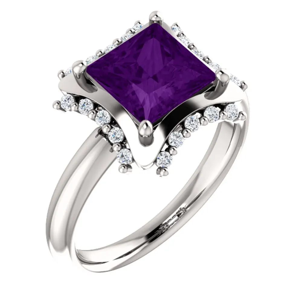 14k White Gold 7x7mm Square Amethyst & 1/6 CTW Diamond Ring, Size 7