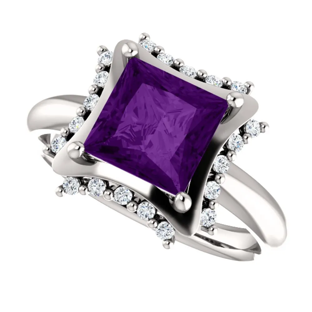 14k White Gold 7x7mm Square Amethyst & 1/6 CTW Diamond Ring, Size 7