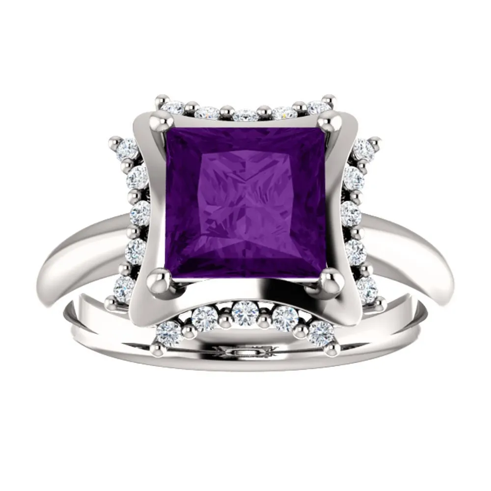 14k White Gold 7x7mm Square Amethyst & 1/6 CTW Diamond Ring, Size 7