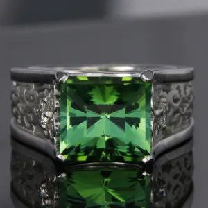 14K White Gold Barion Style Emerald Cut  Green Tourmaline Ring