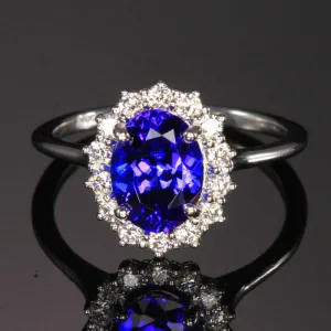 14k White Gold Oval Tanzanite with Halo of Diamonds 1.86 Carats