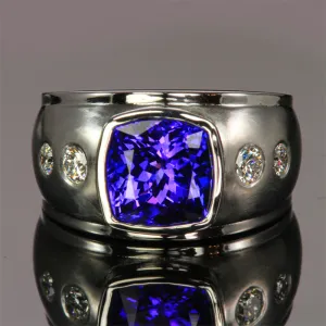 14K White Gold Square Cushion Men's Tanzanite Ring 5.17 Carats Deisgned by Christopher Michael