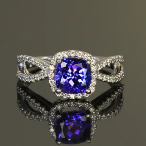 14K White Gold Square Cushion Tanzanite Ring with Diamonds by Christopher Micahel  1.69 Carats