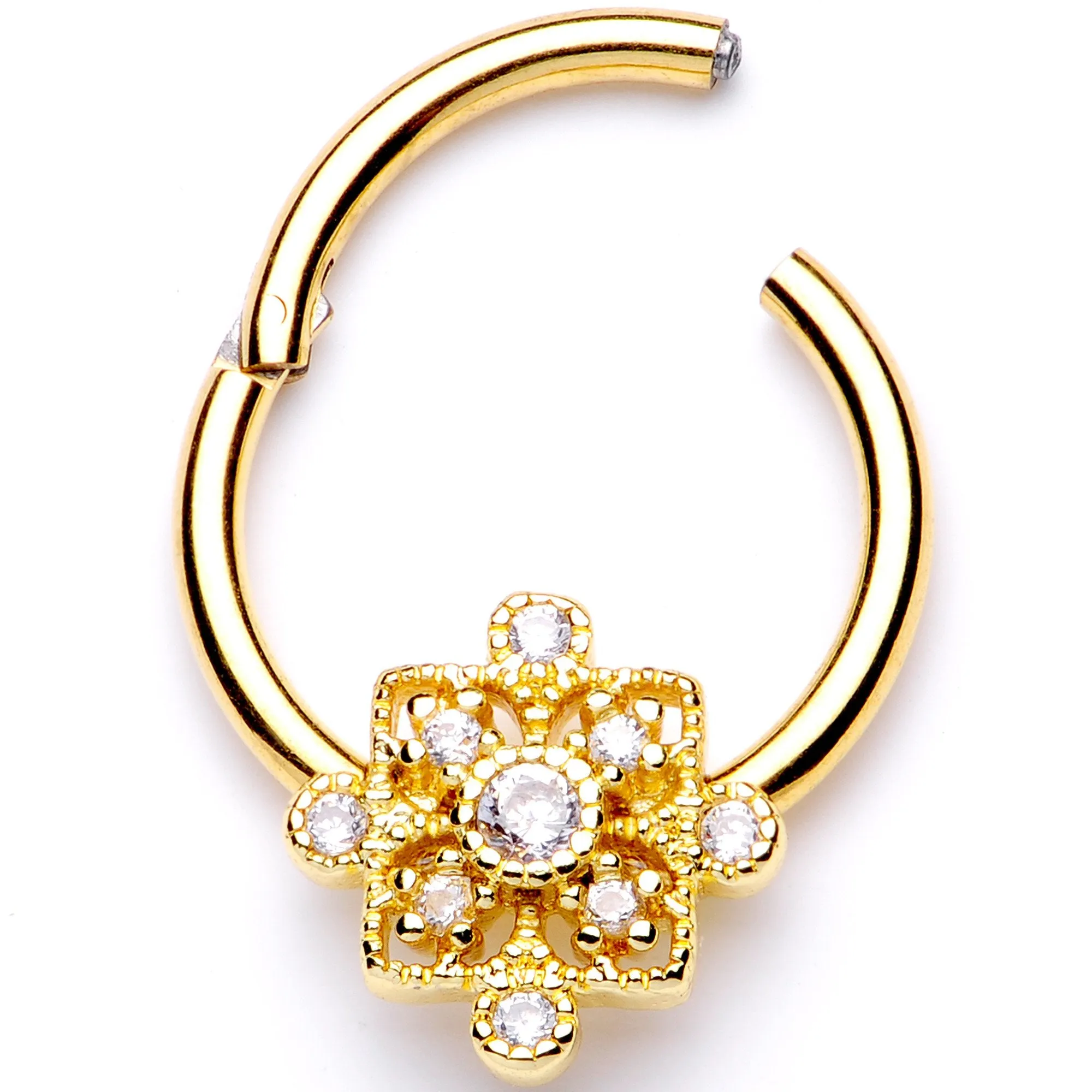 16 Gauge 3/8 Clear CZ Gold Tone Royal Square Hinged Segment Ring