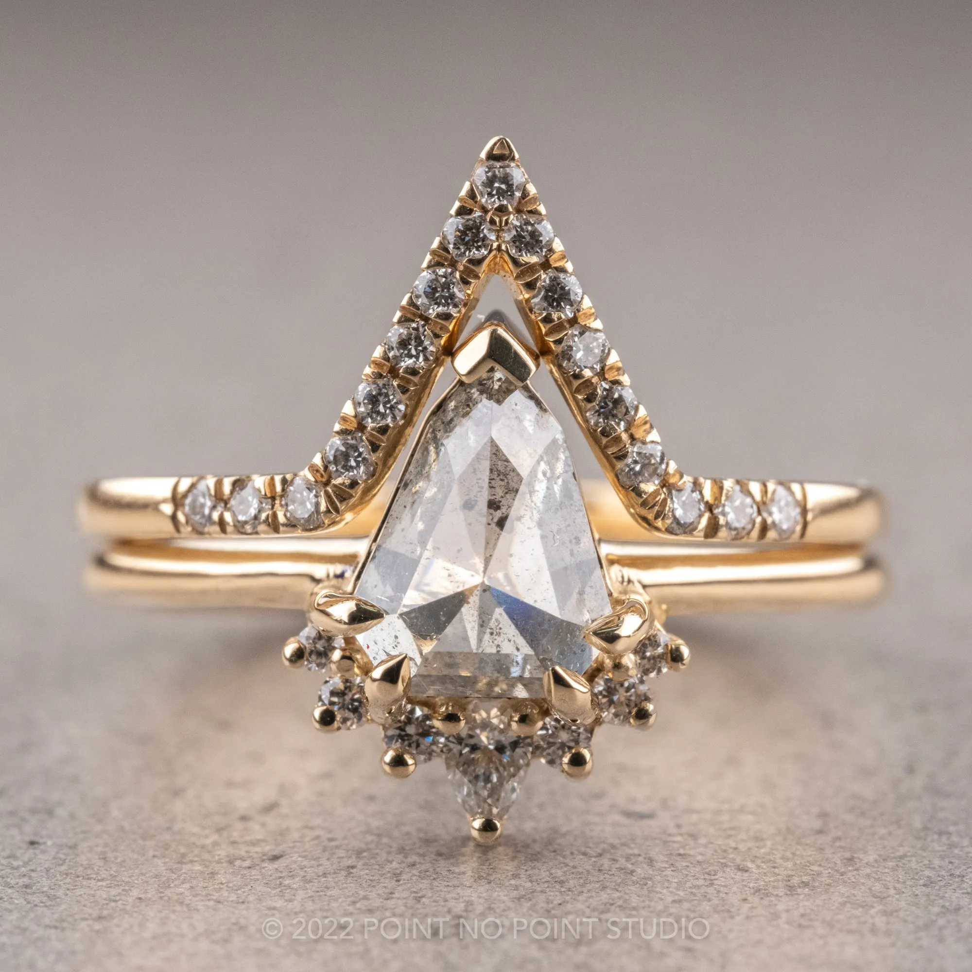1.61 Carat Salt and Pepper Geo Pear Diamond Engagement Ring, Ava Setting, 14K Yellow Gold