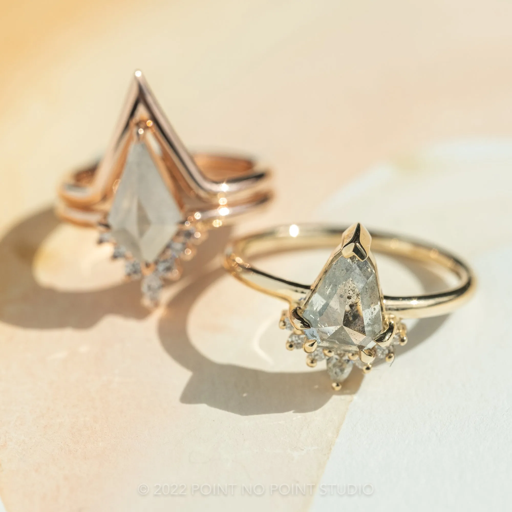 1.61 Carat Salt and Pepper Geo Pear Diamond Engagement Ring, Ava Setting, 14K Yellow Gold