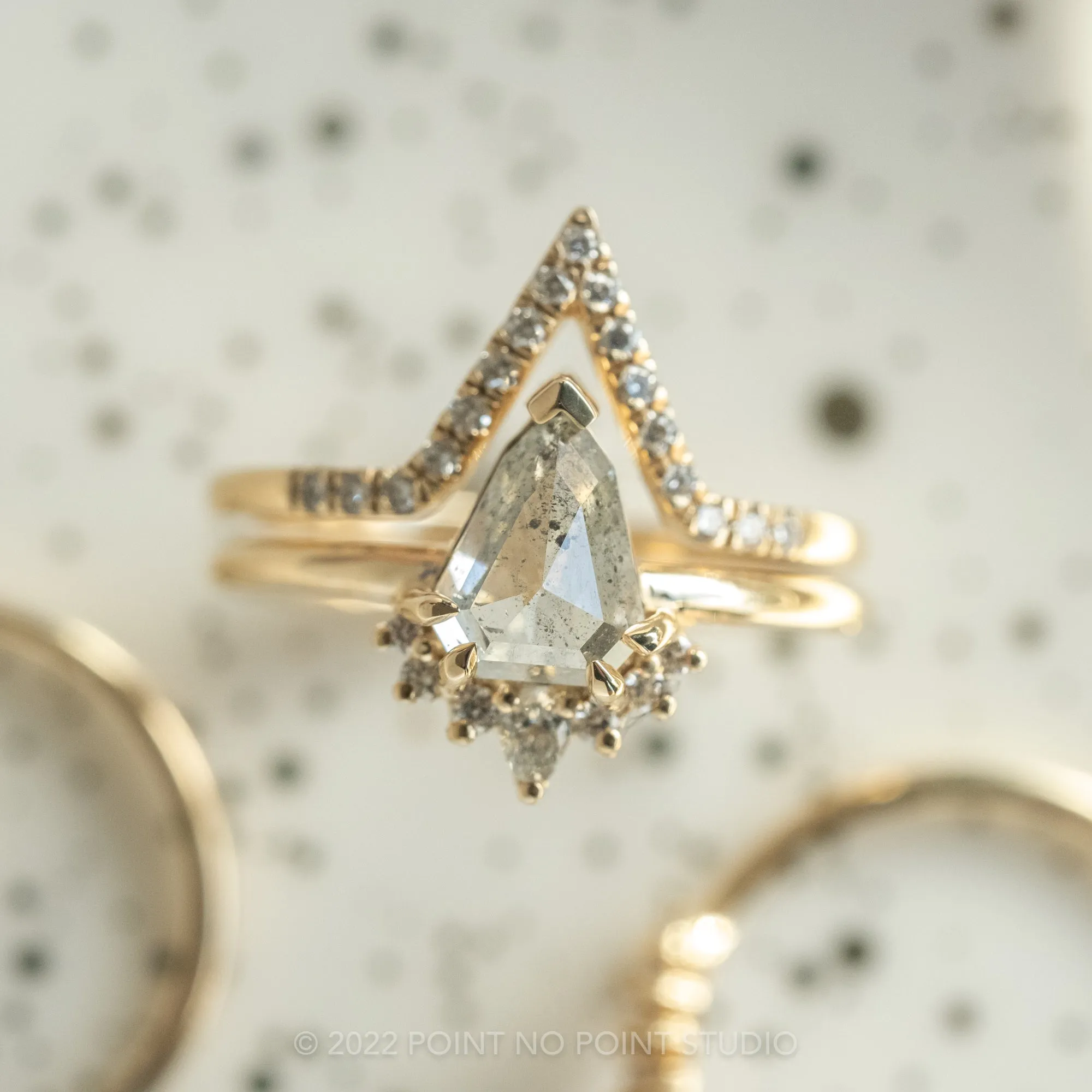 1.61 Carat Salt and Pepper Geo Pear Diamond Engagement Ring, Ava Setting, 14K Yellow Gold