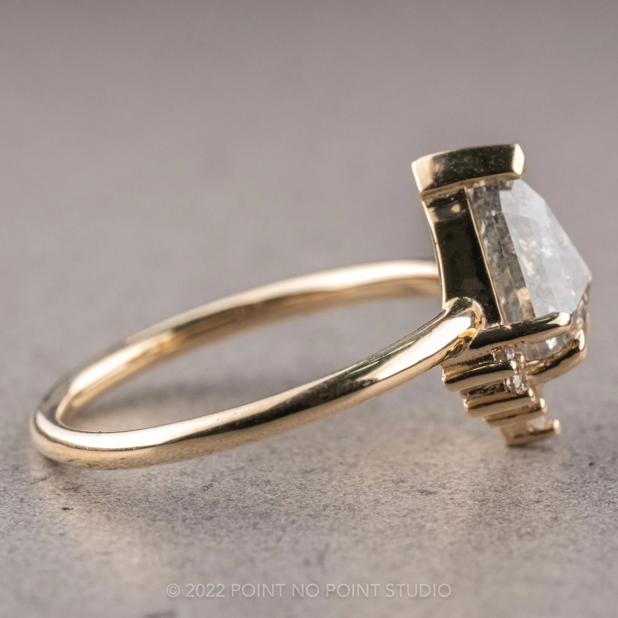 1.61 Carat Salt and Pepper Geo Pear Diamond Engagement Ring, Ava Setting, 14K Yellow Gold