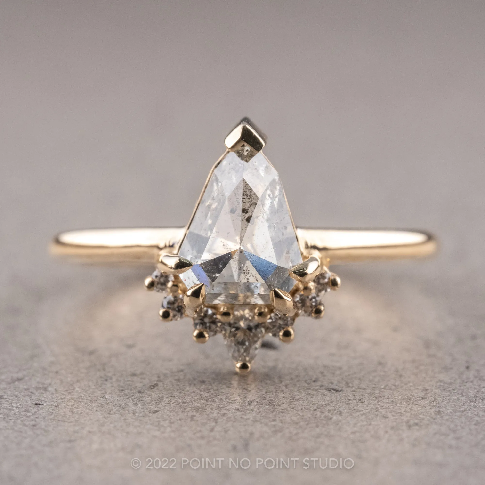 1.61 Carat Salt and Pepper Geo Pear Diamond Engagement Ring, Ava Setting, 14K Yellow Gold