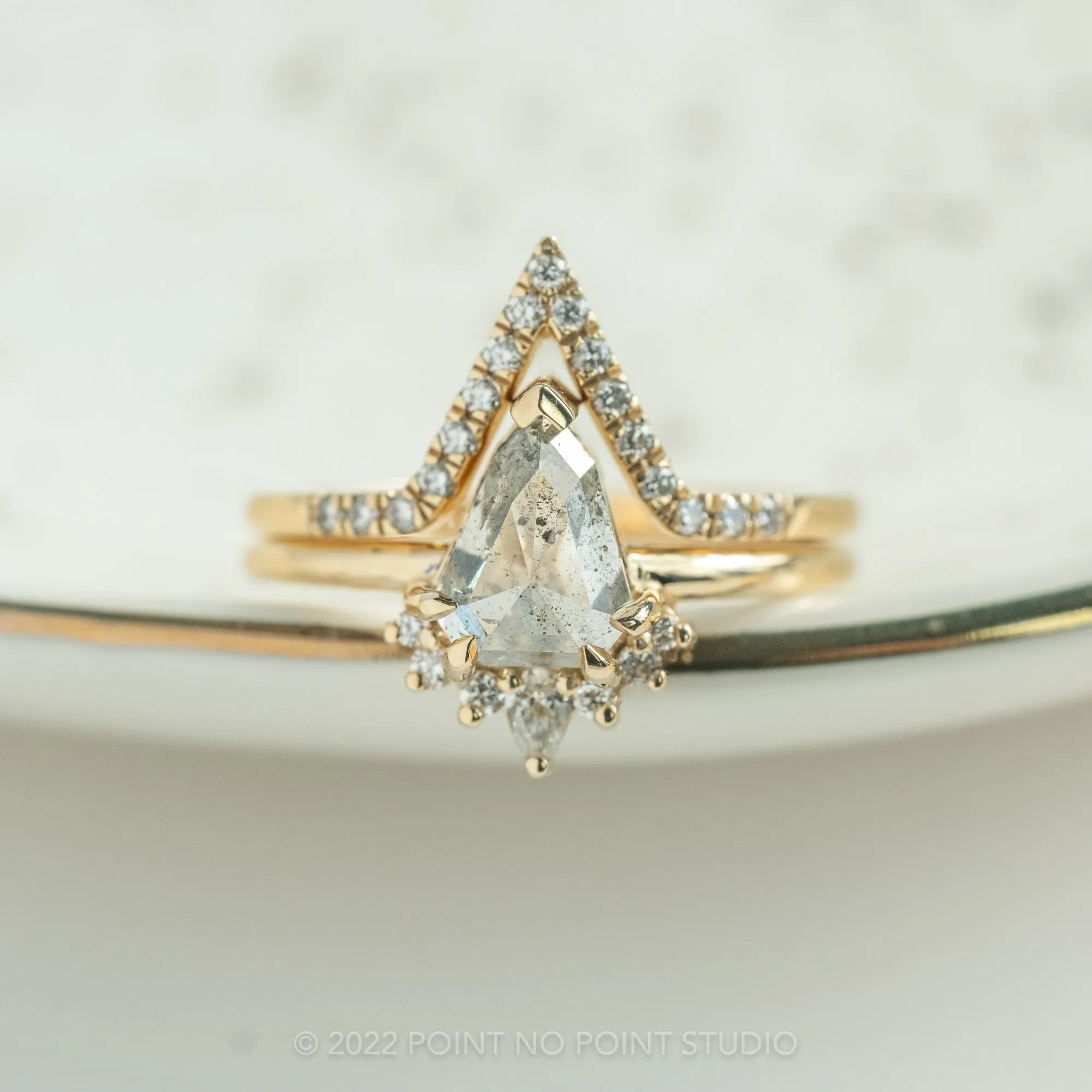 1.61 Carat Salt and Pepper Geo Pear Diamond Engagement Ring, Ava Setting, 14K Yellow Gold