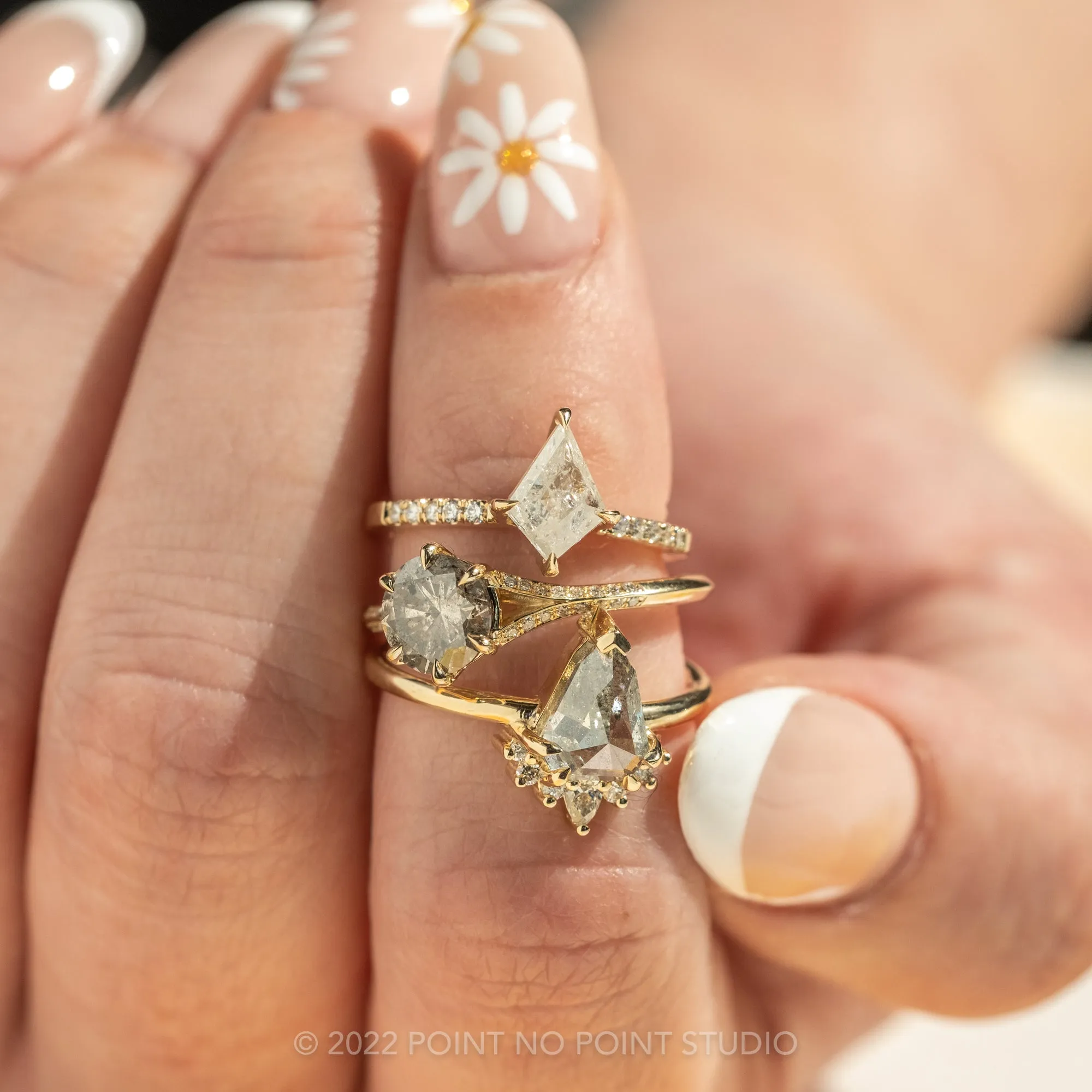 1.61 Carat Salt and Pepper Geo Pear Diamond Engagement Ring, Ava Setting, 14K Yellow Gold
