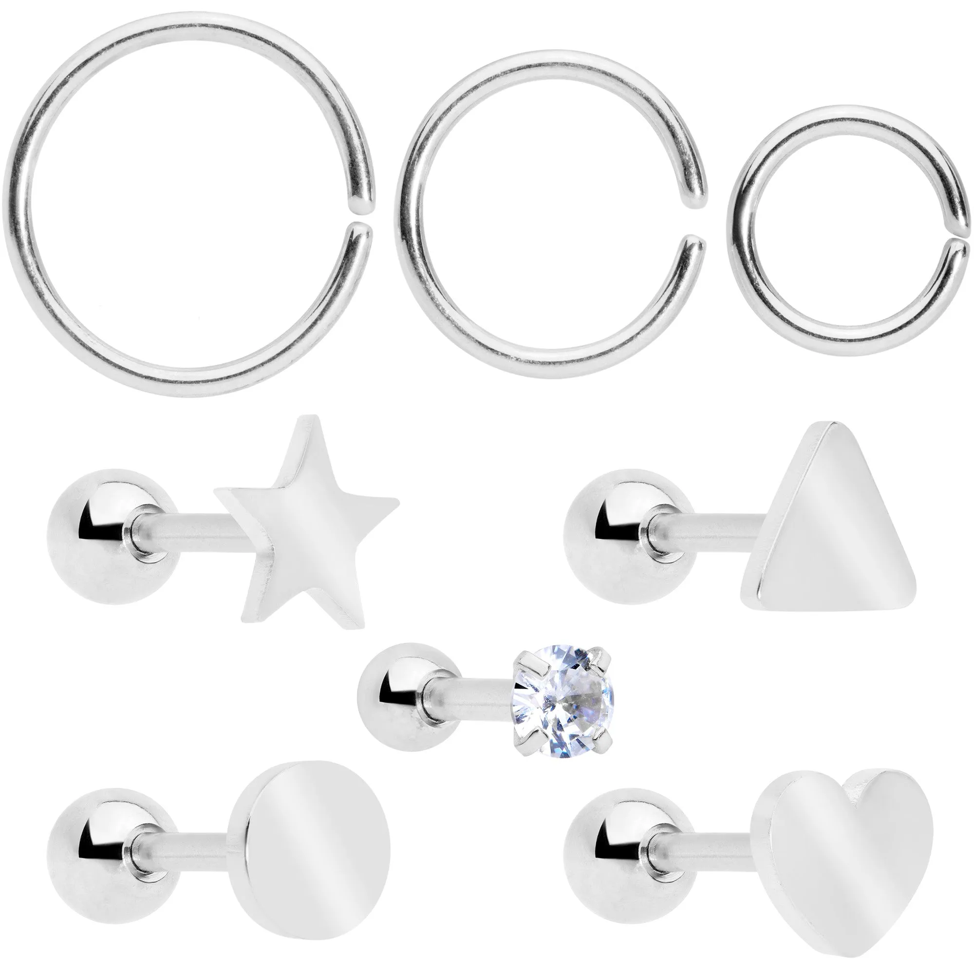 18 Gauge Clear CZ Gem Heart Cartilage Tragus Set of 8